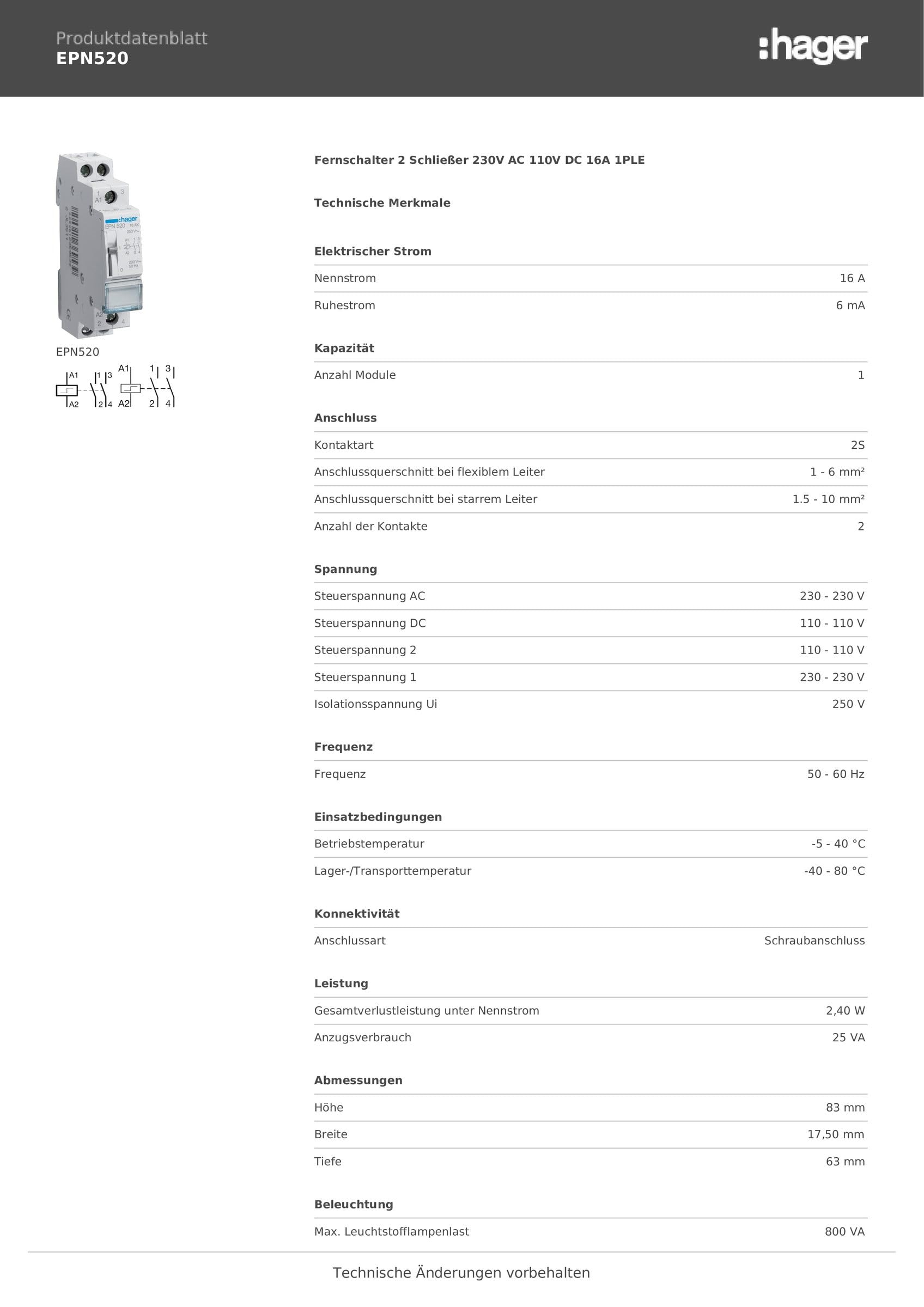 HAGER - Teleruttore bipolare 16A - 2F - Tensione di 230V - Rif - EPN520