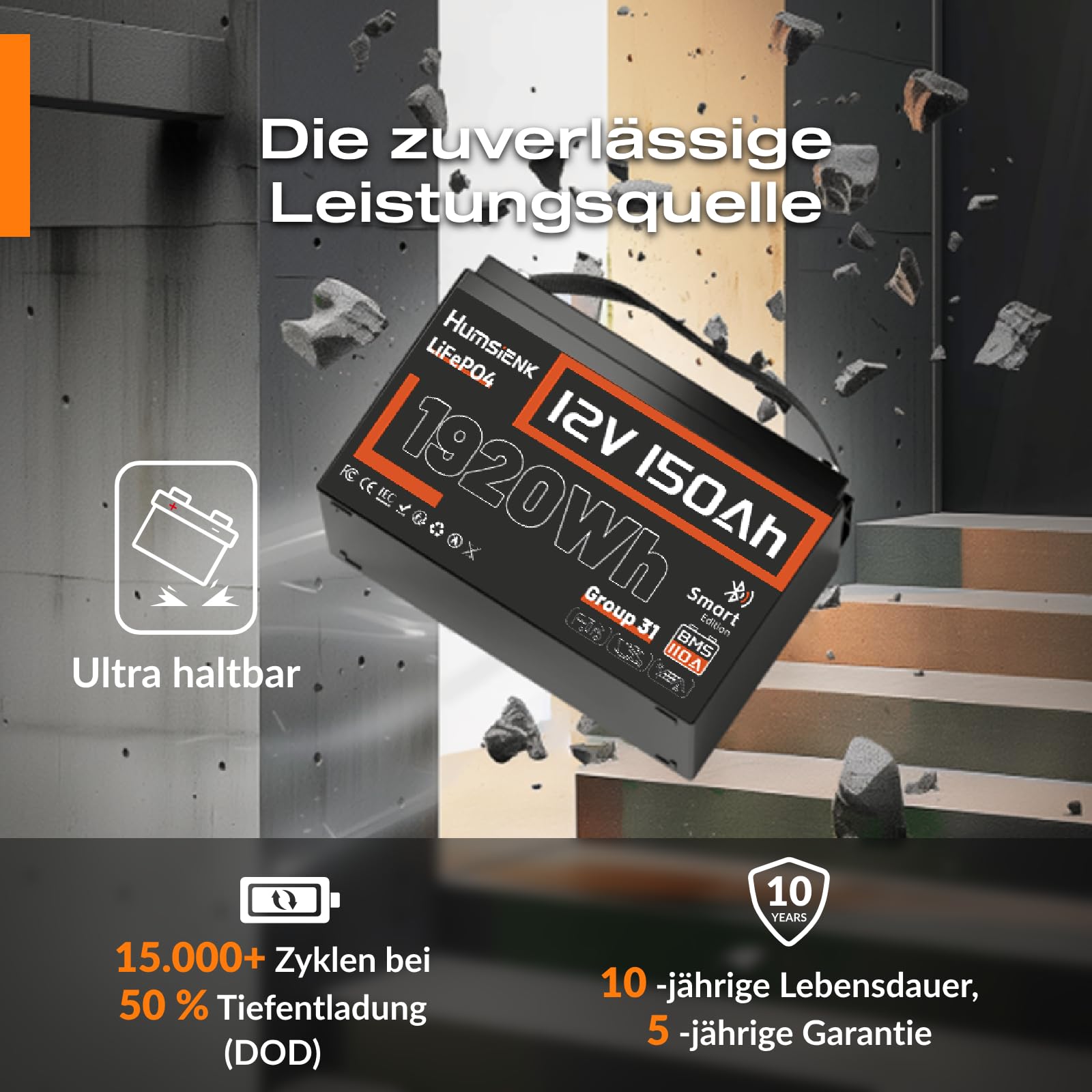 Humsienk 12V 150Ah LiFePO4 Batterie mit Bluetooth, 110A BMS 1920Wh Tiefzyklus Lithium Batterie, Niedrigtemperaturschutz, Perfekt für Wohnmobile, Trolling-Motoren, Yachten, Boot