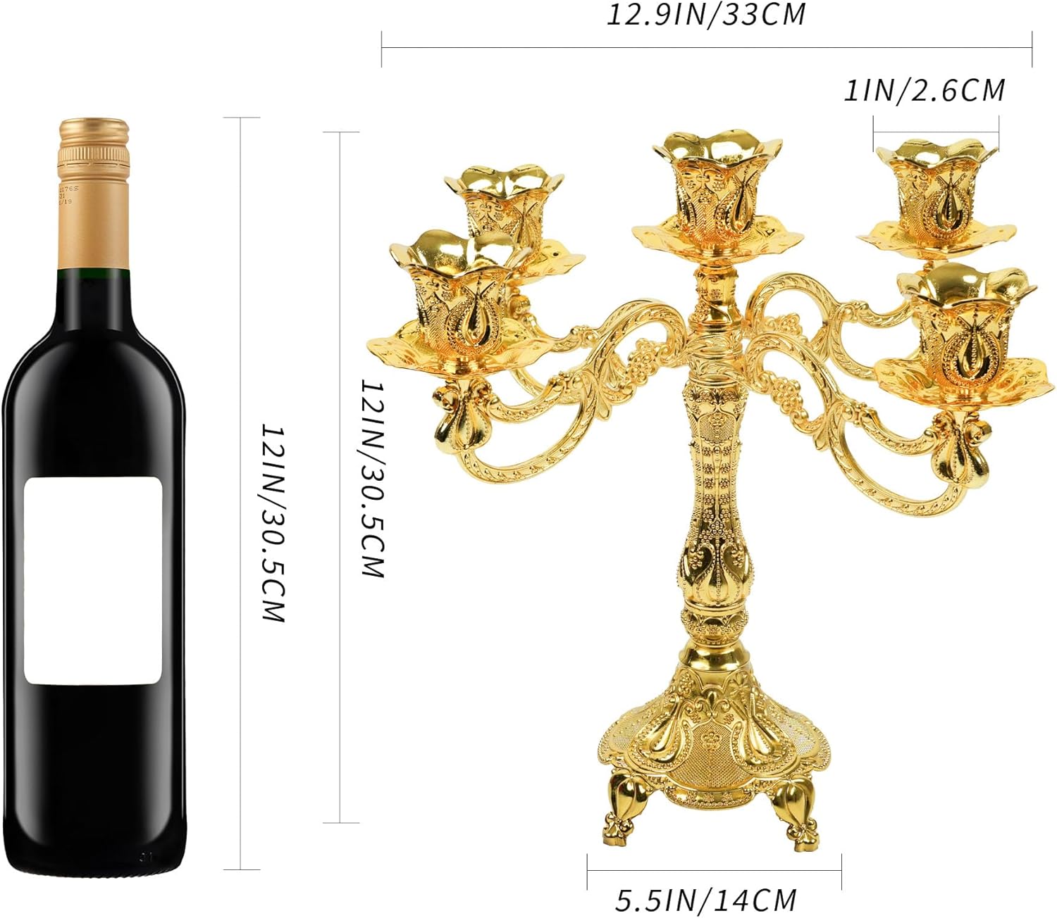 5-Candle Candelabra Metal Candlestick Holder Home Decoration for Weddings, Churches, Halloween, Christmas, Birthday, Wedding, Valentine's Day (A-Gold*2)