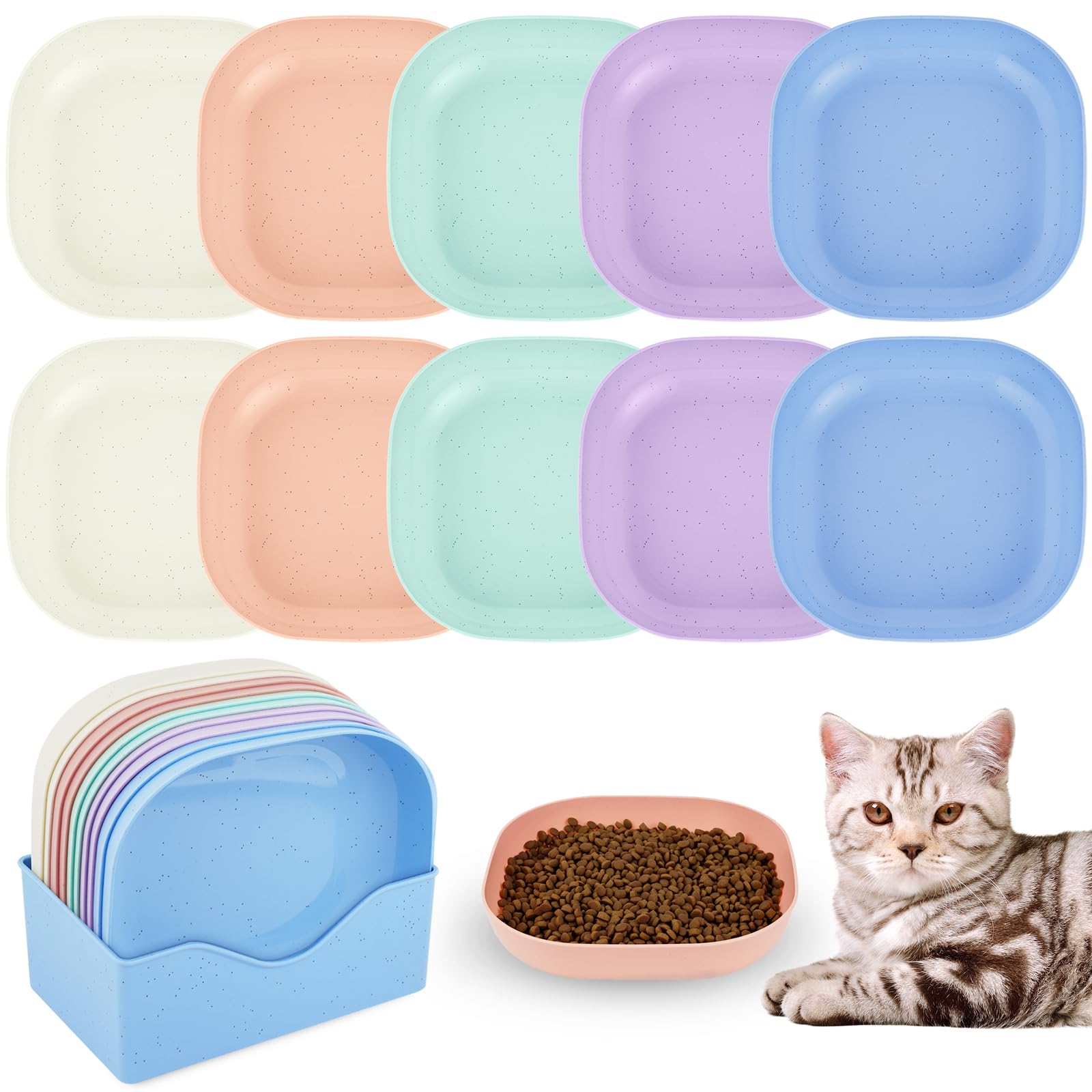 Alaoo Plastic Cat Food Bowls, 10Pcs Square Shallow Cat Bowl, Whisker Fatigue Free Cats Food Bowls, Suitable For Small Cats, Short Legged Cats, Square โ image 1