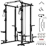 Upgraded PPC-P3 Power Cage, 3-in-1 Home Gym with Aluminum Pulley System, 1200LBS Capacity, Includes LAT Pulldown, Landmine, J-Hooks & 20+ Attachments, Fits Compact Spaces Black Red