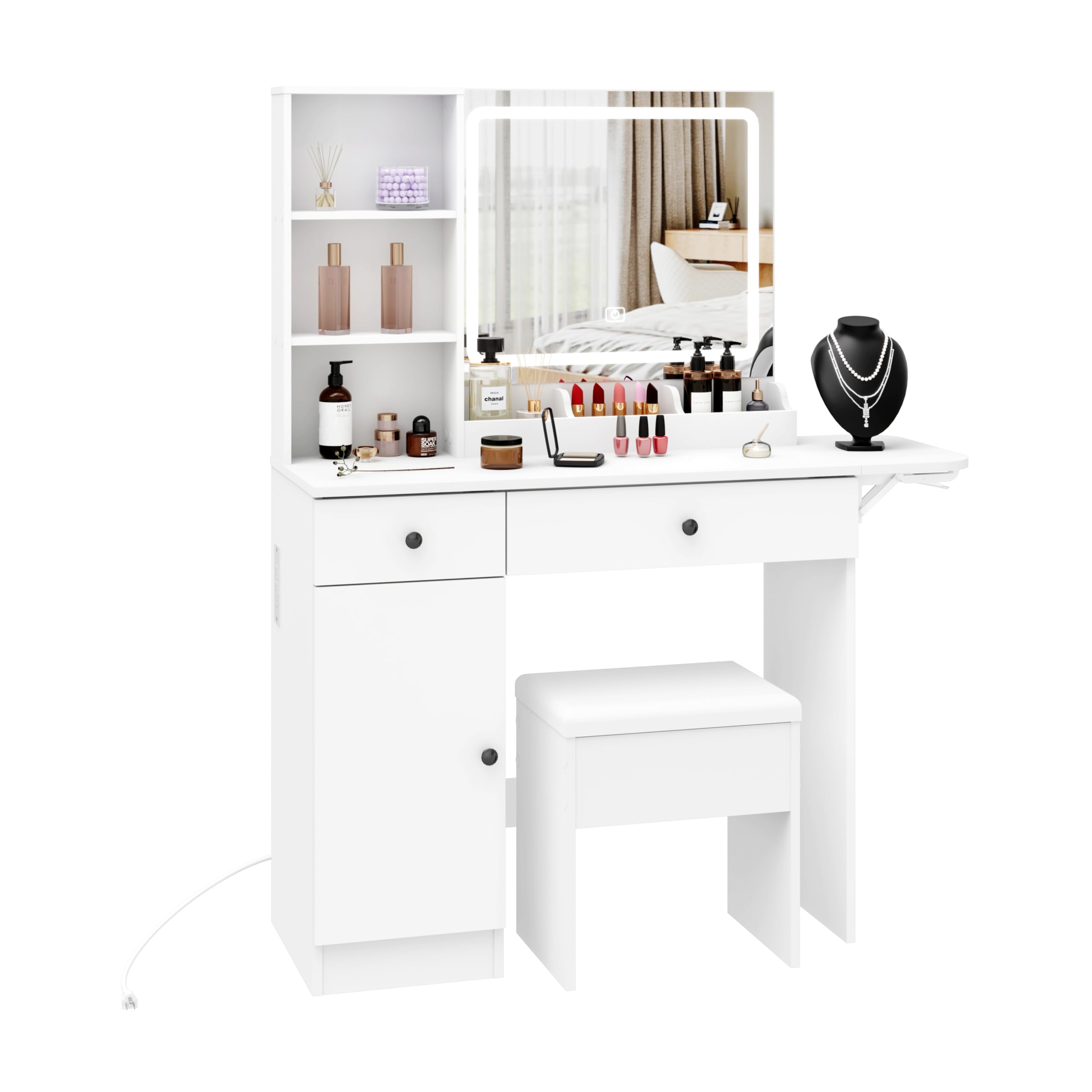 Vanity Desk Set with Fold-up Panel, 2 Drawers & 1 Cabinet Makeup Table with Mirror and LED Lights Power Outlet, Storage Cushioned Stool, Dressing Table for Bedroom (White)
