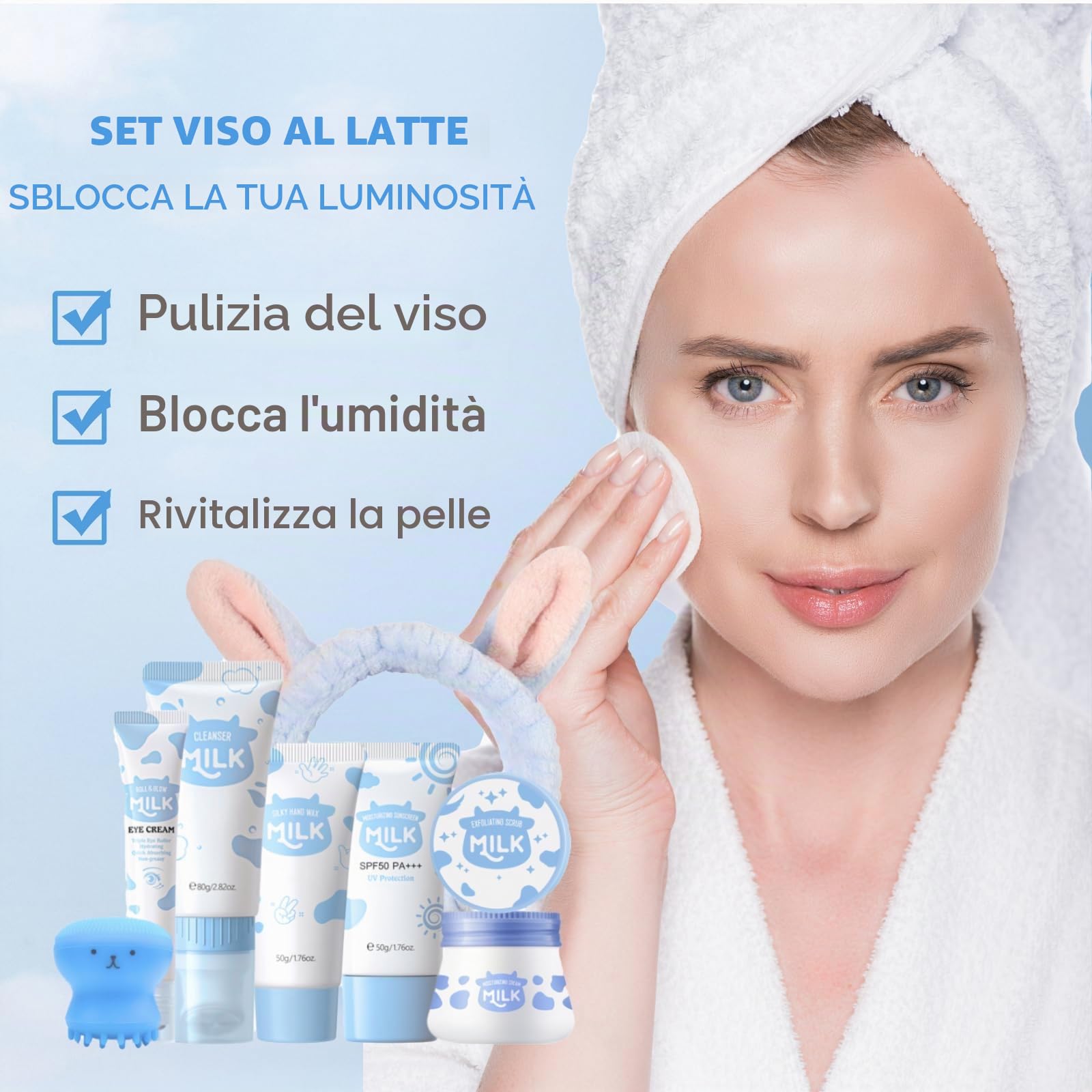 Set di cura della pelle al latte, confezioni regalo di bellezza per adolescenti, kit e set di cura della pelle con cera per le mani, crema per gli occhi, detergente, scrub, idratante e