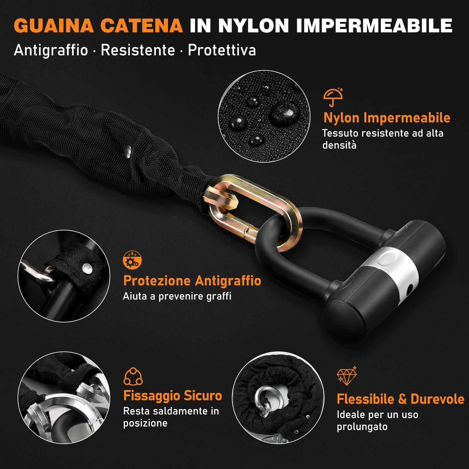 Catena Antifurto Moto 12 mm in Acciaio Temprato con Lucchetto a U e 4 Chiavi, Catena di Sicurezza per Moto, E-Bike, Scooter e Bicicletta, 120 cm – Argento