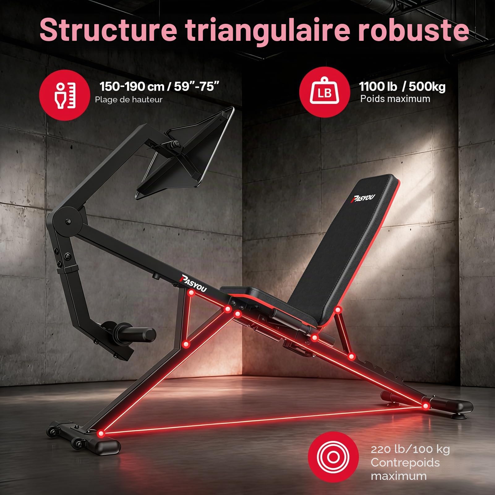 PASYOU Machine d'Extension Des Jambes Avec 7 Dossiers Réglables, Presse-Jambes Pour Salle De Sport à Domicile, Charge Maximale 500 KG, Banc De Poids Avec Curl Des Jambes Pour Exercices Du Bas Du Corps