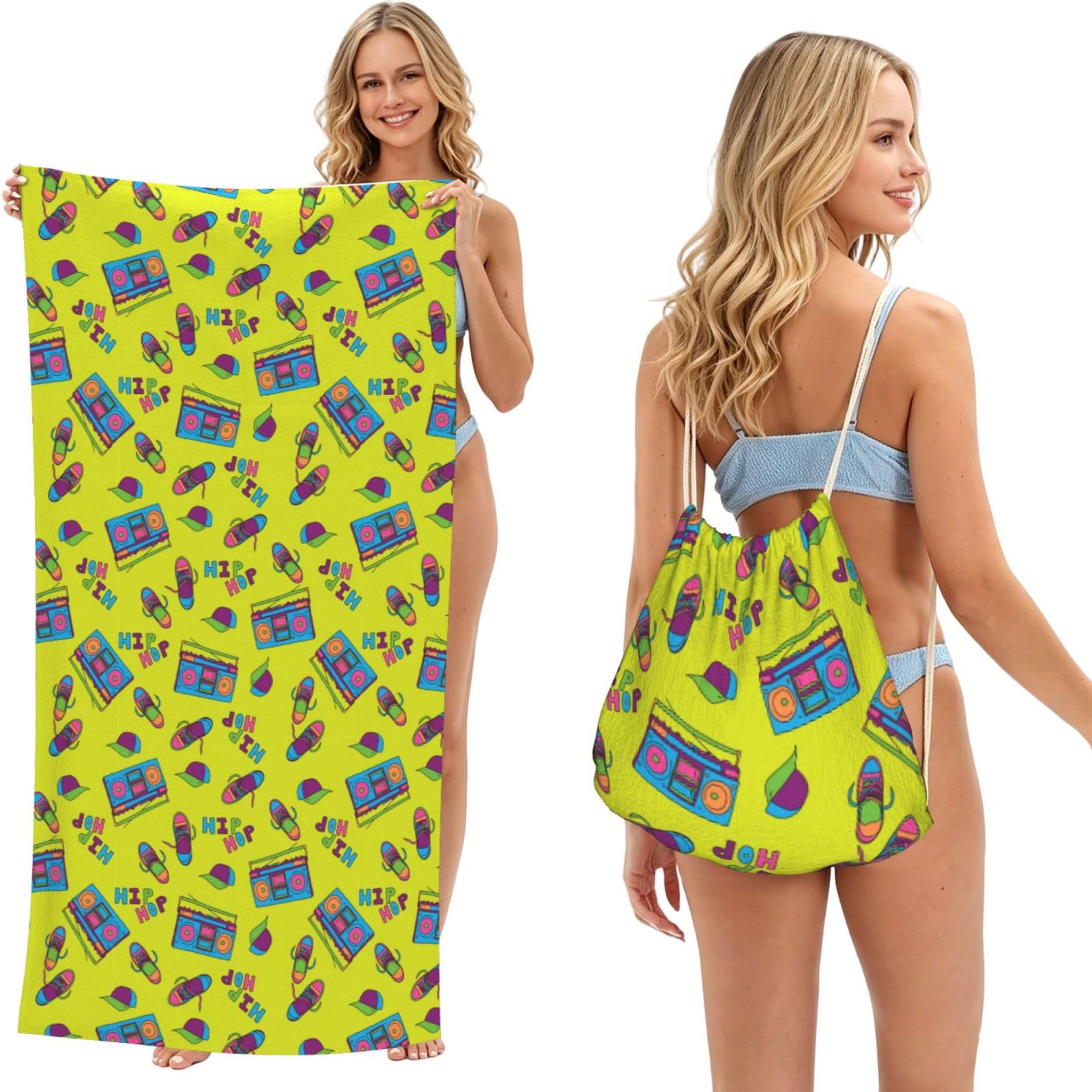 Noble Ren 80s Pattern 2 In 1 Packable Towel Bag Beach Backpack Unisex Suitable For Travel Picnic Vacation And Camping