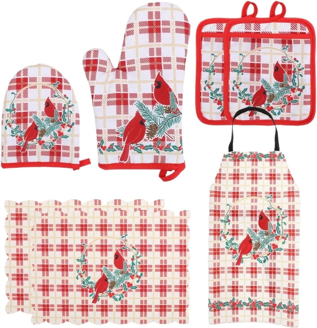 Christmas Insulation Seven Piece Set, Heat Resistant Oven Gloves With Apron And Pot Holders(Green)