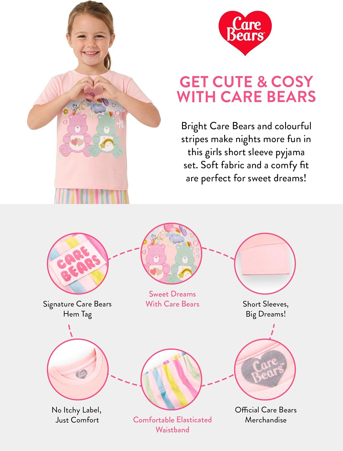 Care Bears Pajamas for Girls, Short Sleeve Kids Pajamas Set, Pink Teddy Bear PJs, Cute Summer Sleepwear