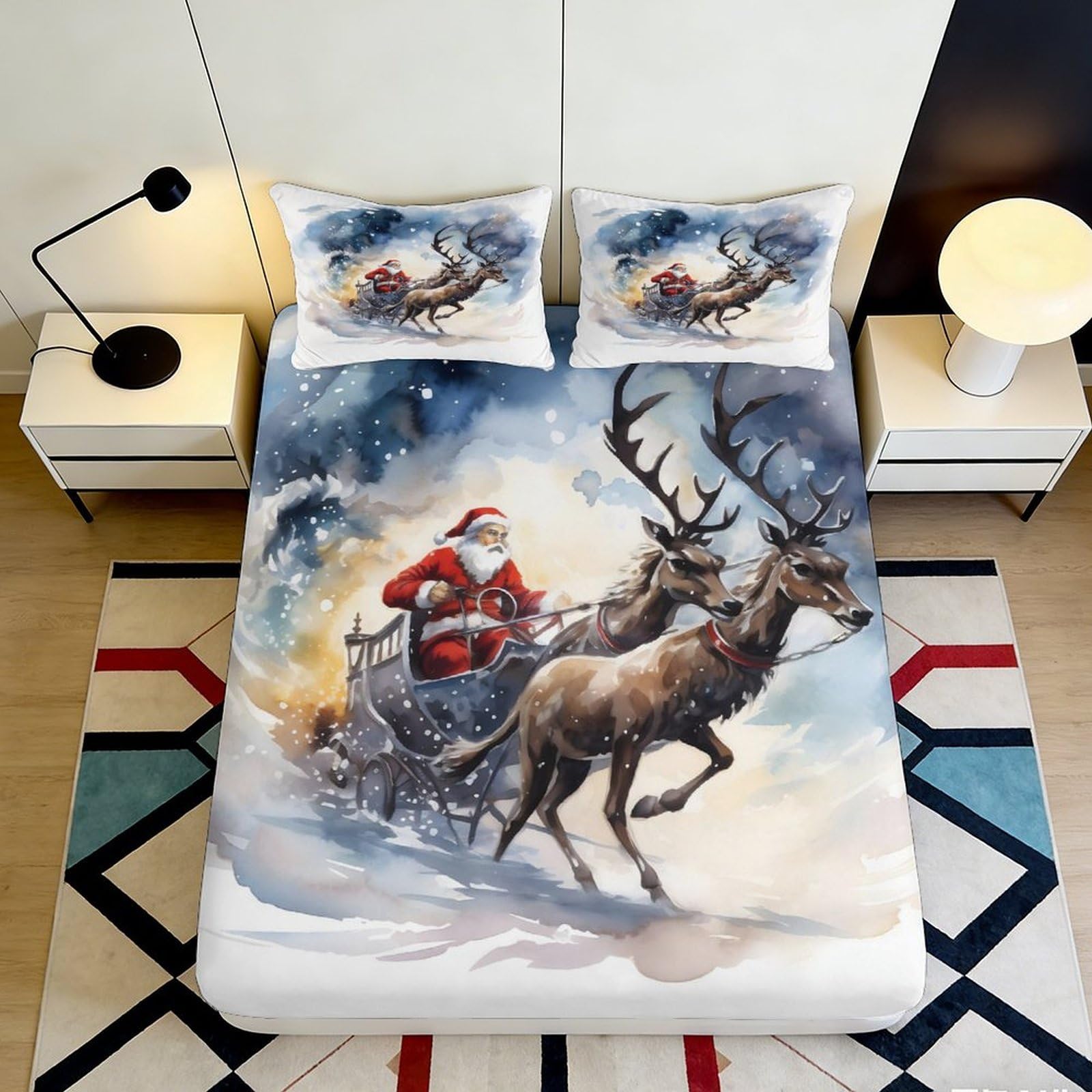 Jqzkxnhpbr Style-1 3D Printed Christmas Santa Sleigh Fitted Sheet Microfiber Soft Breathable Reindeer Mattress Cover For Bedroom Guest Room Dorm Decor 90X200x25cm