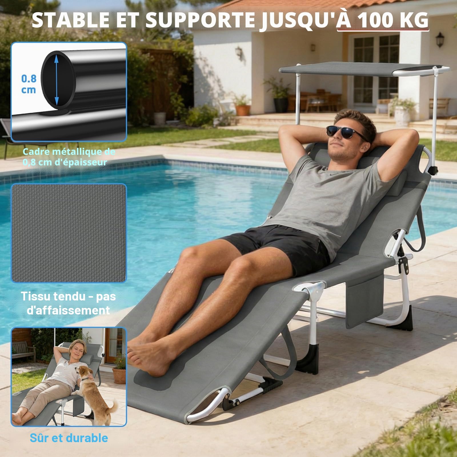 Huracan Chaise longue pliable avec pare-soleil, chaise longue légère de jardin avec dossier réglable en 4 positions, chaise longue portable avec oreiller de tête, chaise longue pour le camping et la