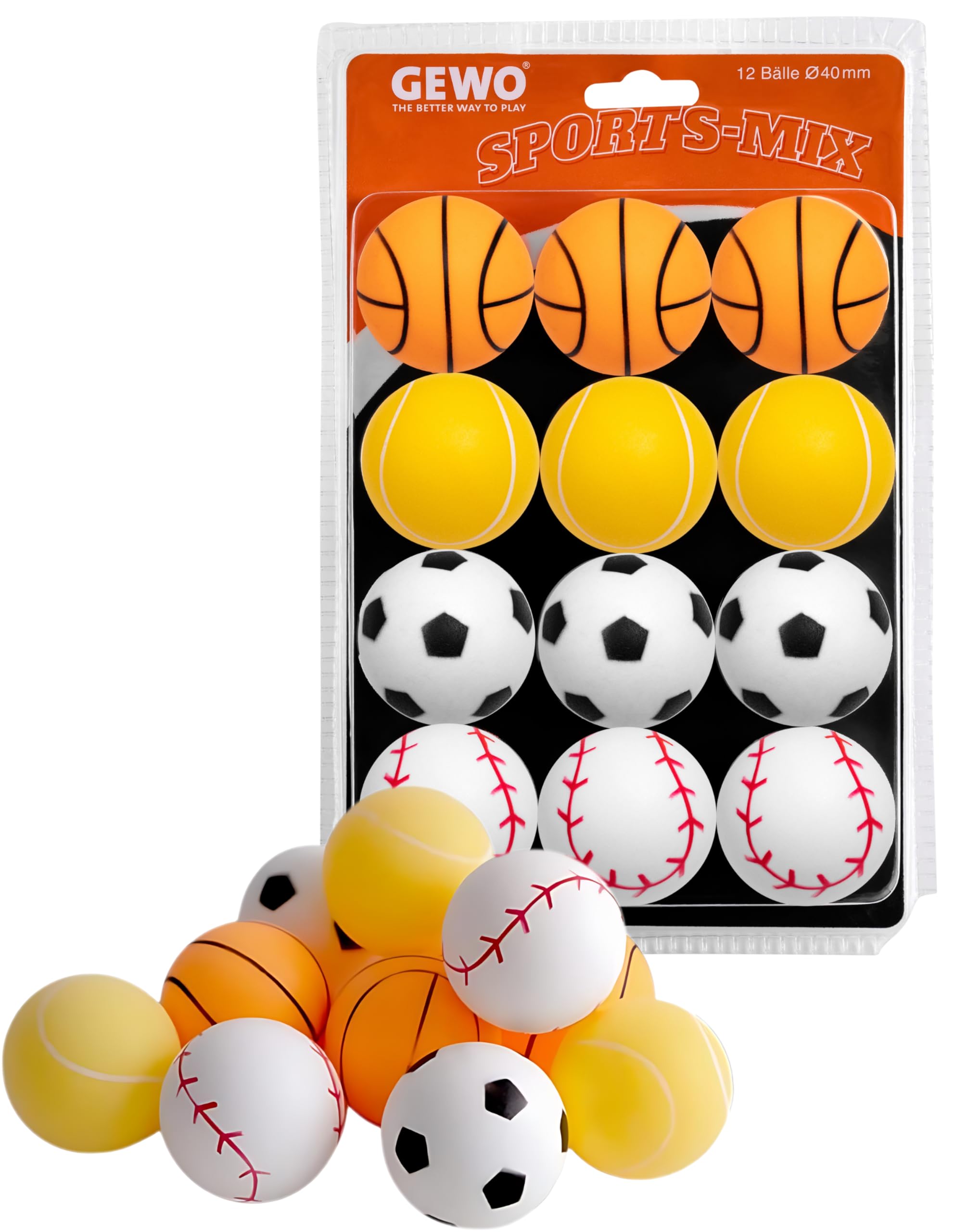 GEWO Sports-Mix Table Tennis Balls - Plastic Table Tennis Balls 40+ in Sport Design - 12 Colourful, Ping Pong Balls for Children - Various Designs, 40+ mm Diameter