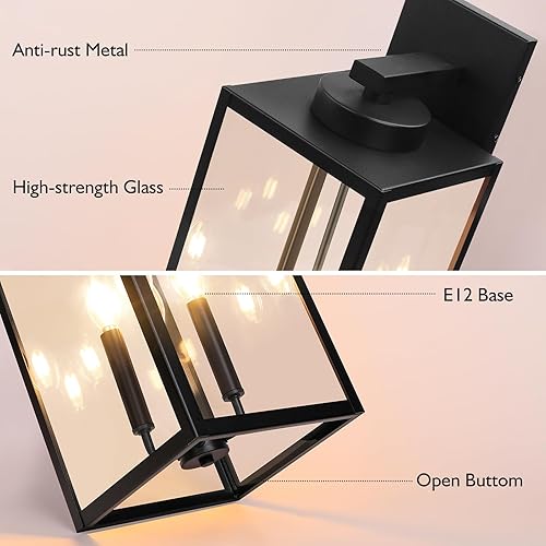Vista 12 de BesLowe Lámpara de pared para exteriores, linterna de pared exterior, impermeable, aplique de porche exterior negro con acabado negro mate