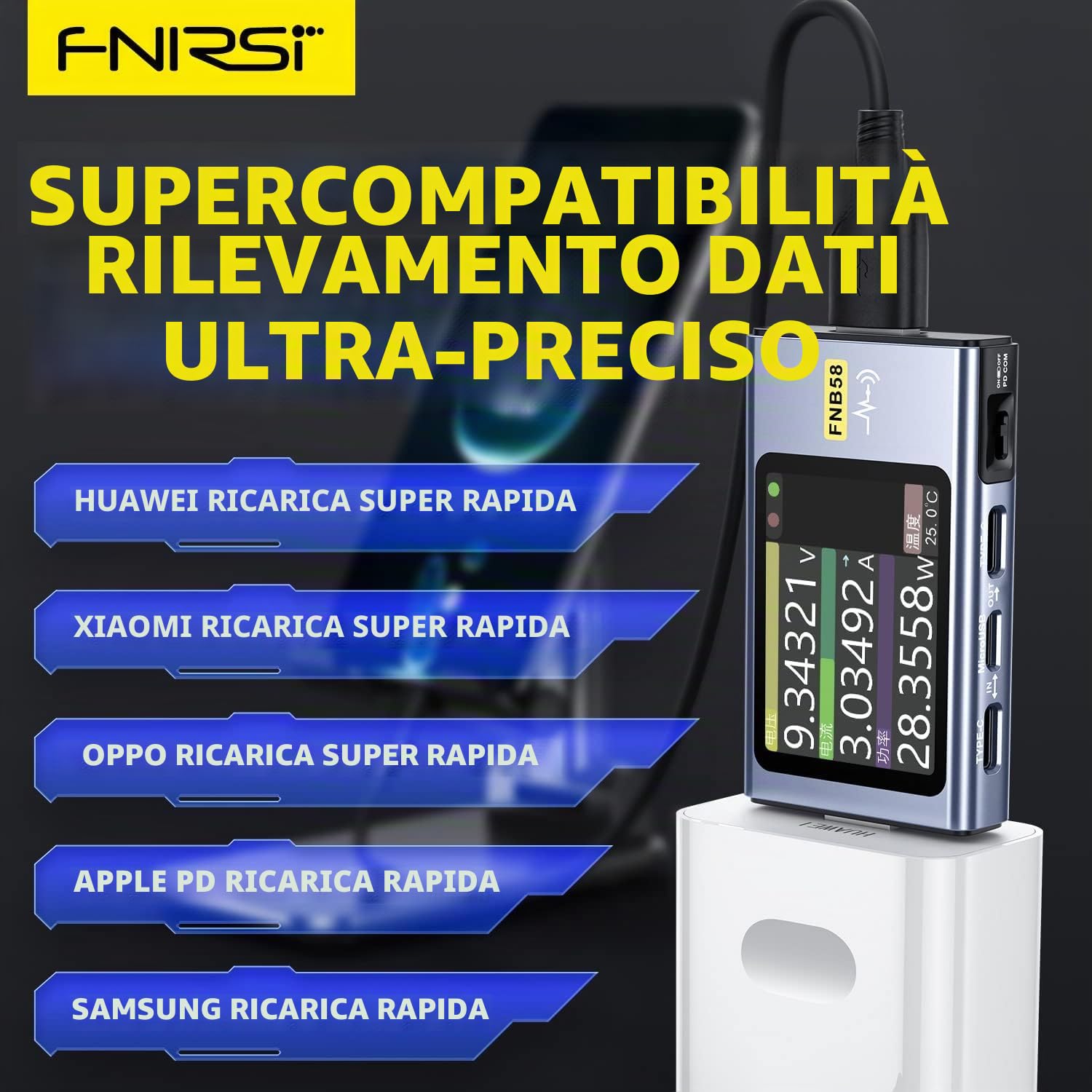 FNIRSI Tester USB 4-28V 7A con display LCD USB A&C, Multimetro per Test Tensione, Corrente, Capacità e Ripple con Software App, Rilevamento Rapido Della Ricarica, PD2.0/3.0, QC2.0/3.0