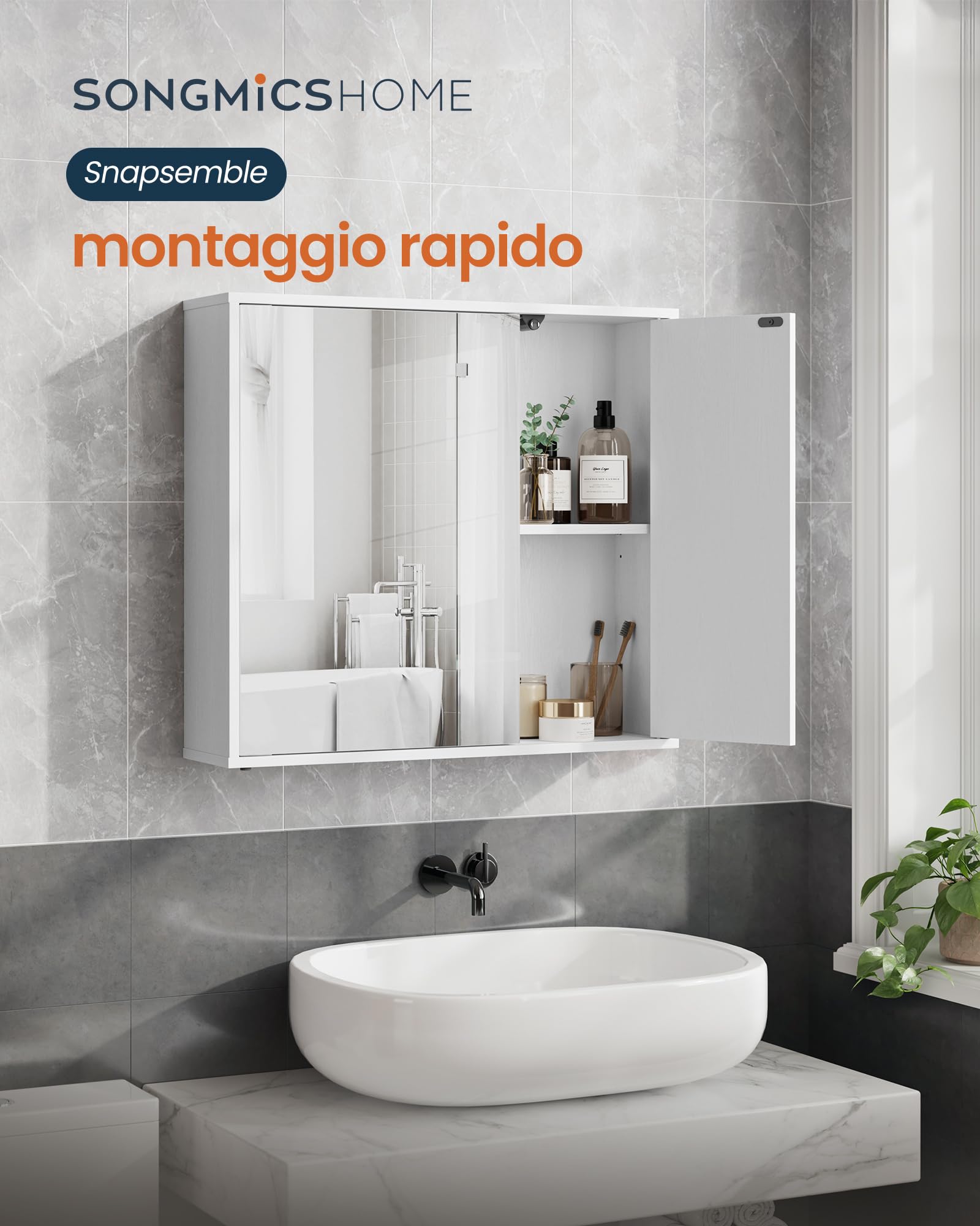 SONGMICS HOME Mobiletto da Bagno con Specchio, Snapsemble Montaggio Rapido, Specchio con Vano Contenitore, Ripiani Regolabili e Ante, Moderno, 15 x 60 x 55 cm, Bianco Neve BBC114WE01