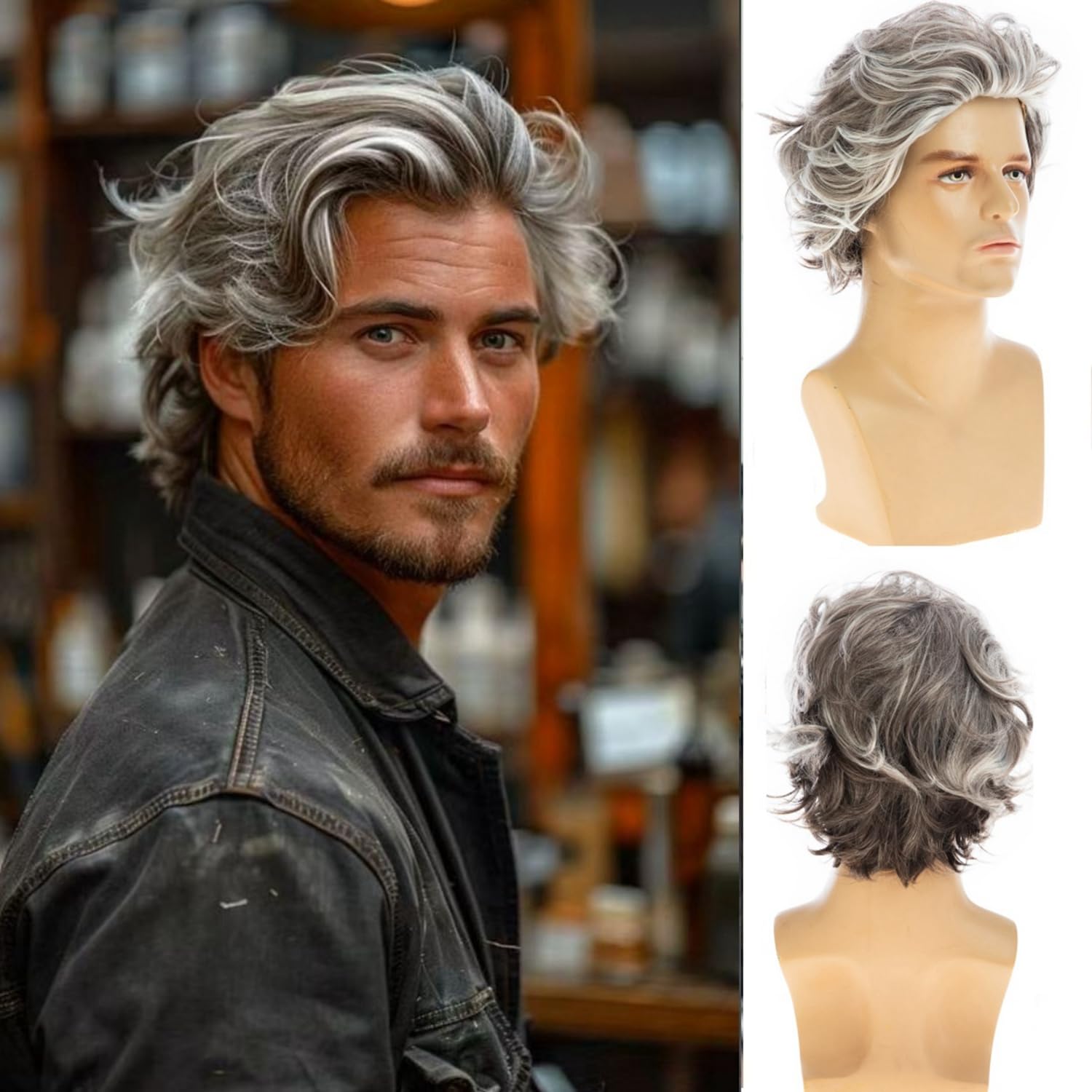 Mens Grey Wig Short Wavy Synthetic Cosplay Party Replacement Hair Wig