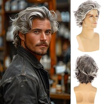 Mens Grey Wig Short Wavy Synthetic Cosplay Party Replacement Hair Wig