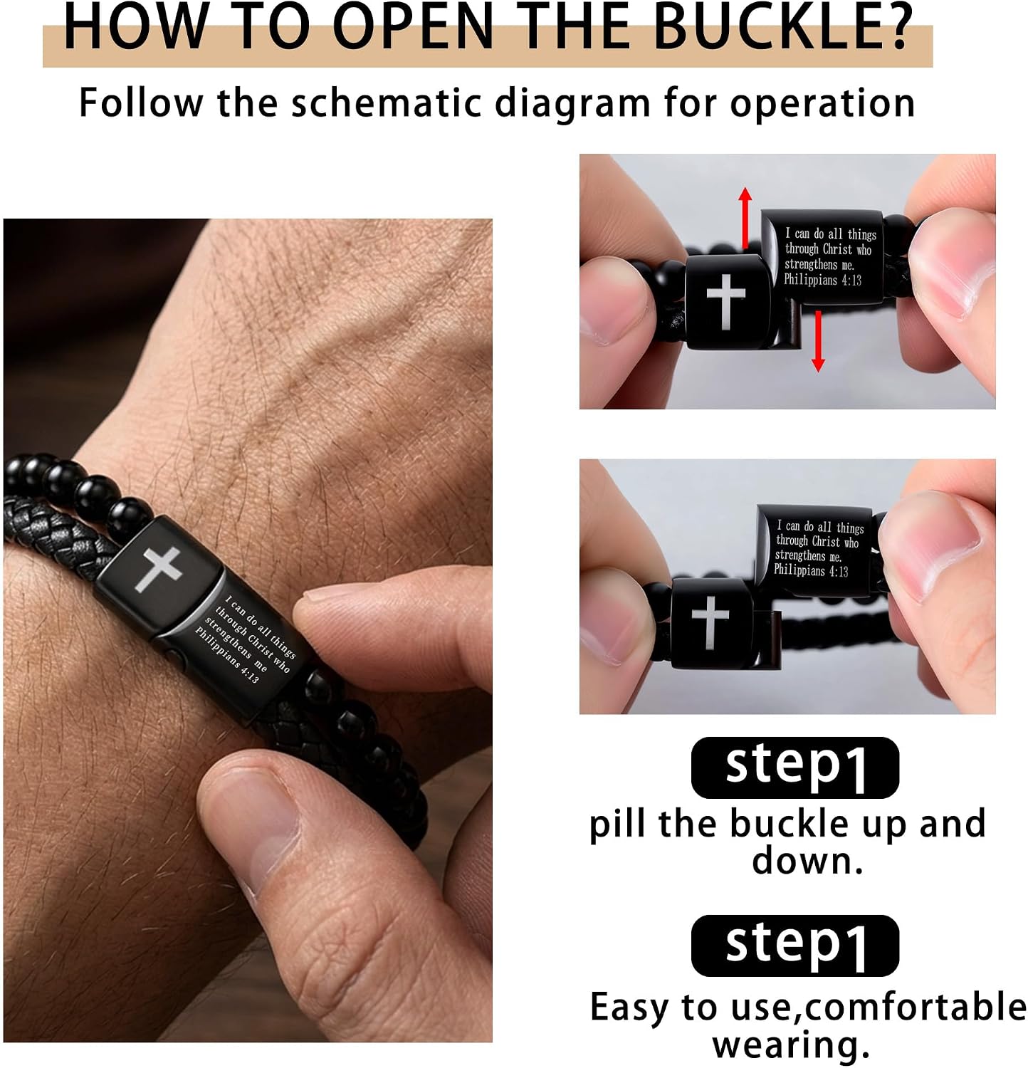 Mens Bracelet Gifts Black Braided Leather Stainless Steel Cross Jewelry Charming Bracelet Embedded with Black Agate Beads,Perfect for Wedding, Parties, and Everyday,Bible Verse Christian Religious Gift(7.5/8.5/9 Inch)