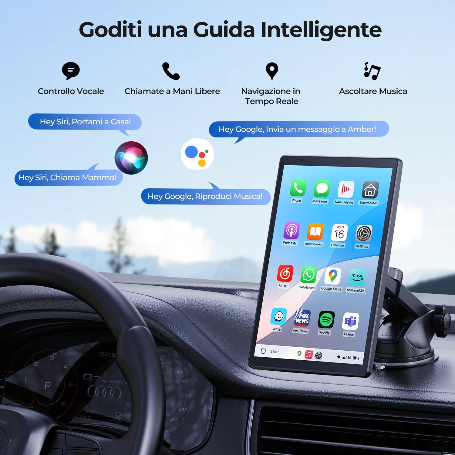 Schermo Portatile 8'' per Apple CarPlay e Android Auto, Display HD 1440x900, Supporto Magnetico, Aggiornamenti OTA, Telecamera di Retromarcia, Bluetooth, Controllo Vocale, Navigazione GPS