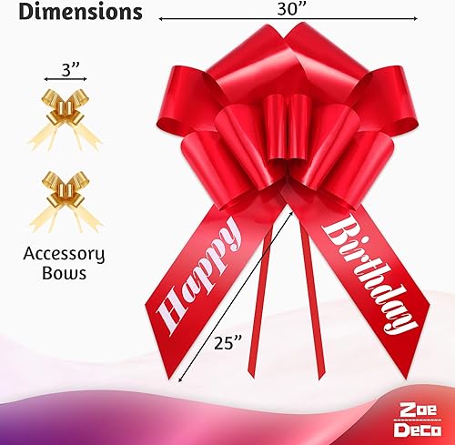 Miniatura 3 de Zoe Deco - Lazo de auto de feliz cumpleaños - Rojo, 30 pulgadas - Lazo gigante para automóvil preimpreso con feliz cumpleaños - Gran envoltura de