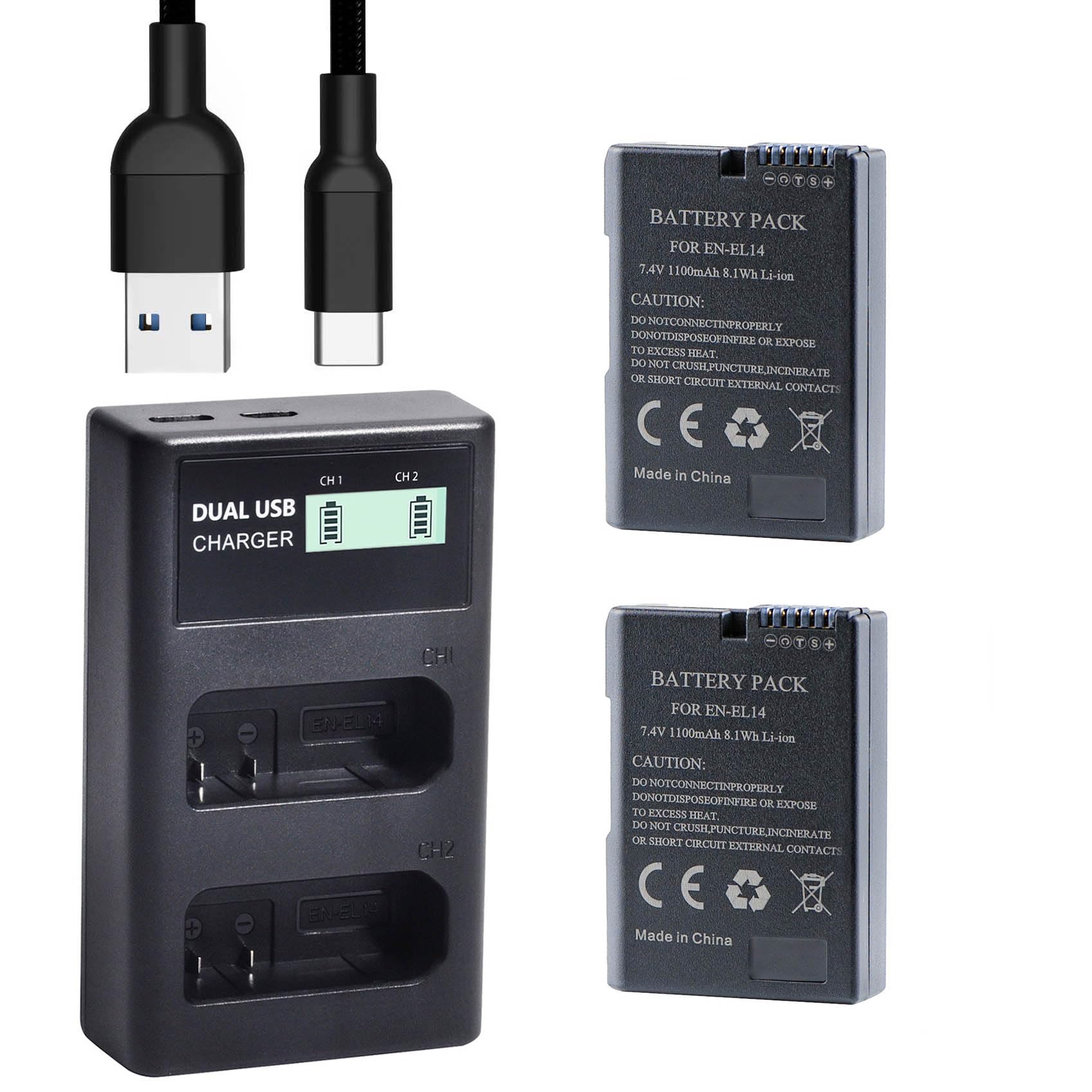 QUMOX EN-EL14 EN-EL14a Batterie (Paquet de 2) et Double Chargeur USB LCD Compact pour Appareil Photo Nikon D5500, D5300, D3300, D5100, D5200, D3100, Nikon DF, D3200, P7100, P7700