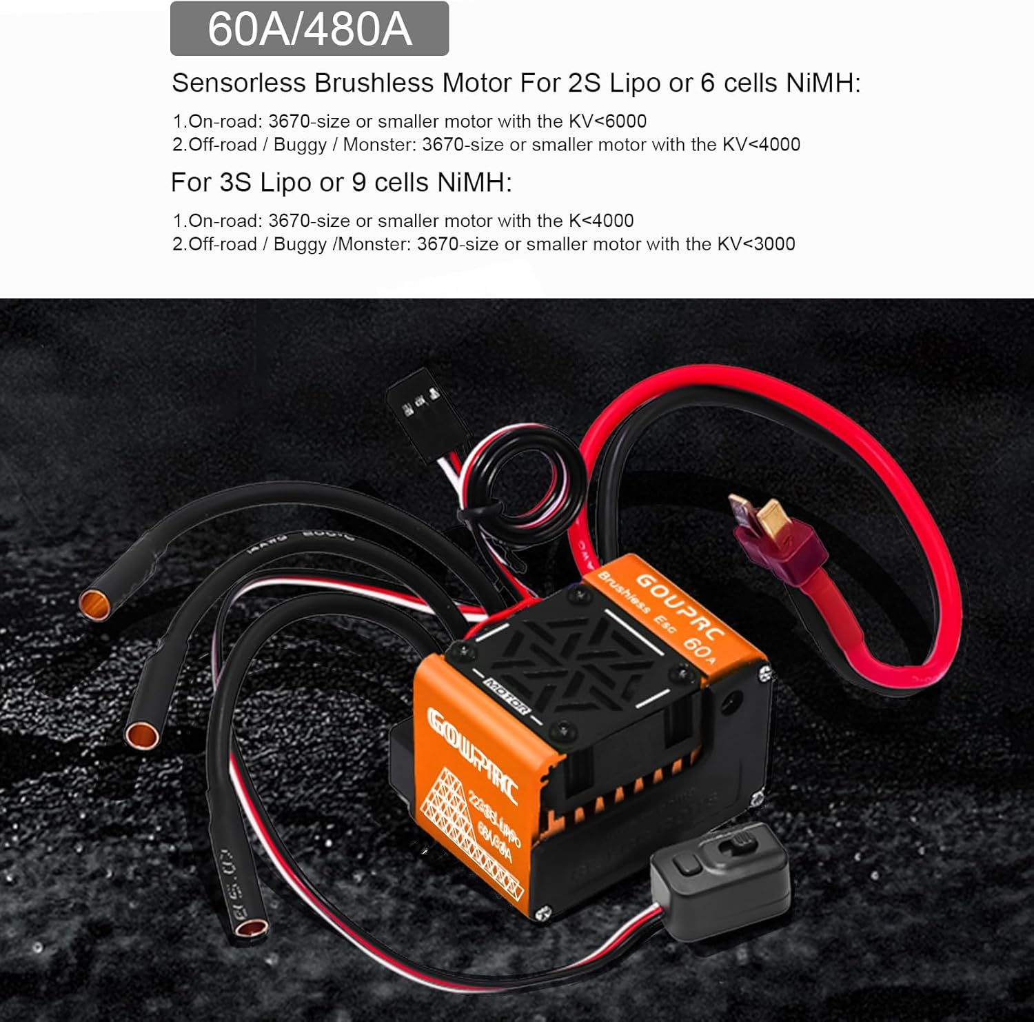 GOUPRC Brushless ESC 60A 2-3S Electric Speed Controller with Connector Combo Set for 1/10 1/12 RC Off-Road RC Car Truck Crawler Buggy Orange