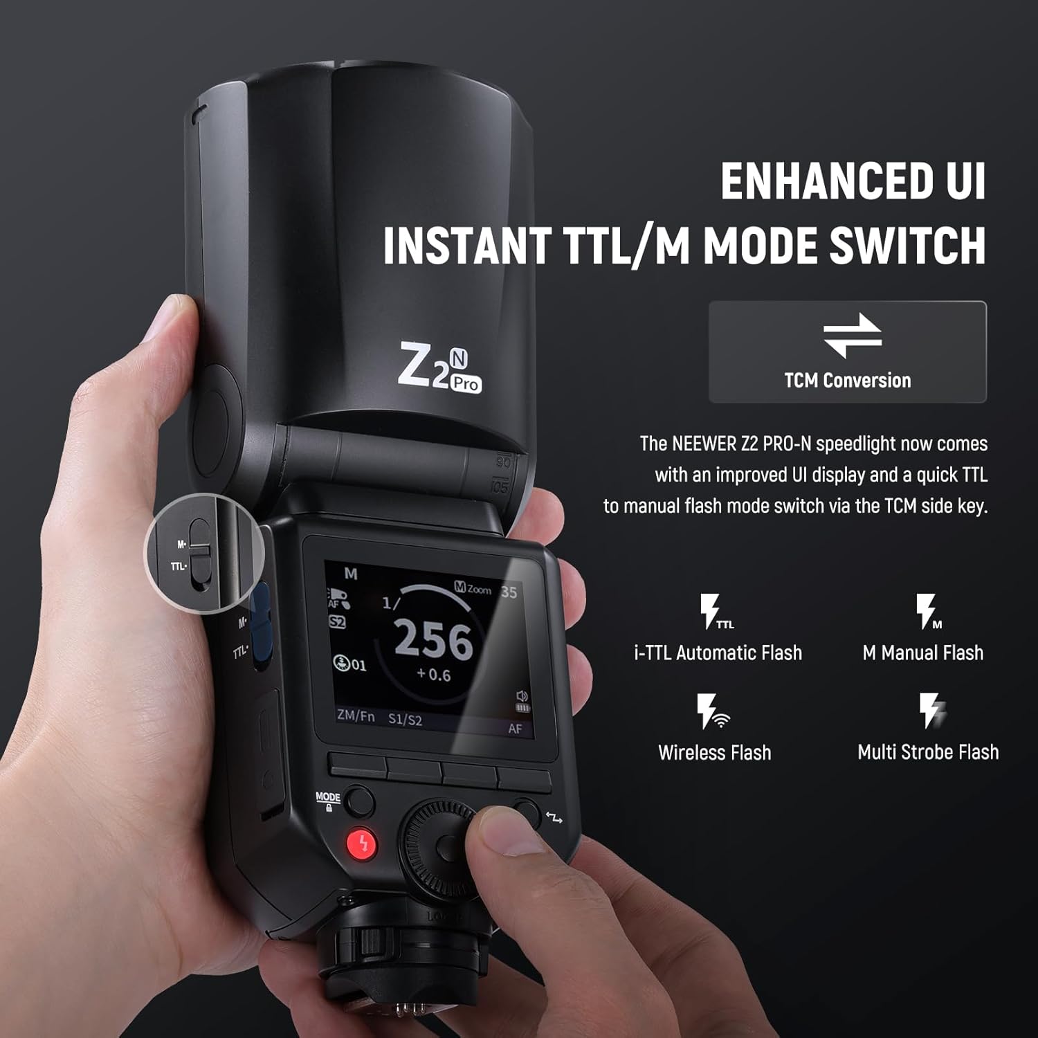 NEEWER Z2PRO-N 2.4G TTL Round Head Flash Speedlite Compatible with Nikon, Wireless Compatible with Godox, 76Ws 1/8000s HSS, Upgraded UI, TTL/M TCM Switch, 7.2V/3000mAh Battery, 600 Full Power Flash