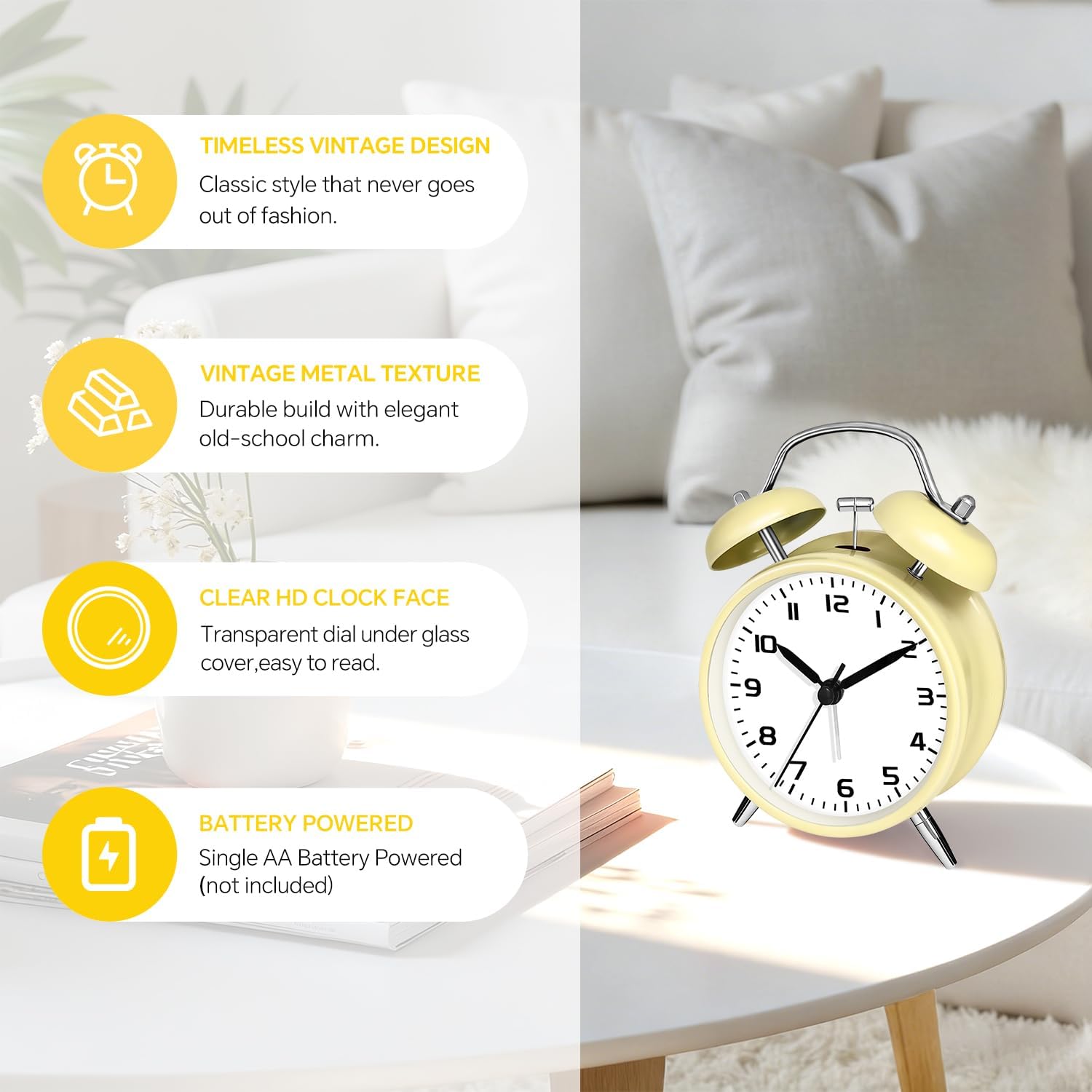 4.5" Loud Alarm Clock for Heavy Sleepers– Analog Battery Operated Alarm Clocks with Bells Warm Light No Ticking, Metal Retro Silent Desk Clock for Bedroom Light Sleepers Kids Seniors, Yellow