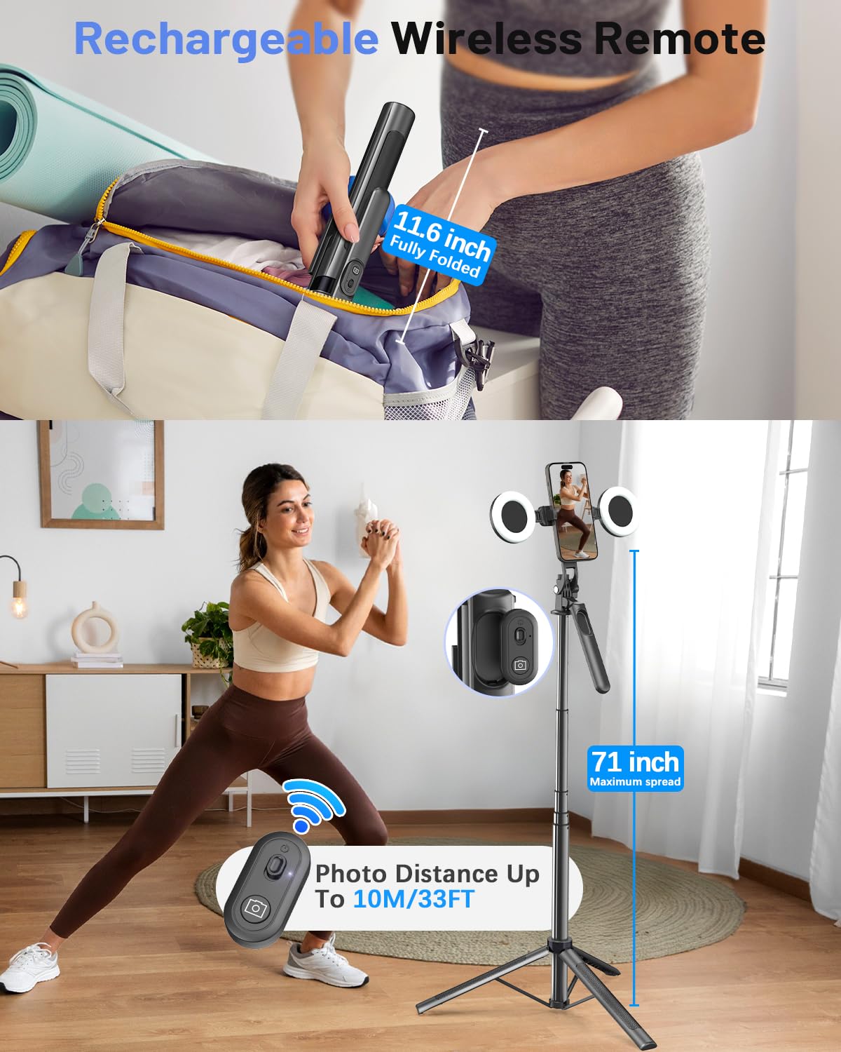Kit vlogging per iPhone/Android, treppiede per selfie stick da 71 pollici per iPhone con luce di riempimento, microfono wireless e telecomando, rotazione a 360° treppiede per telefono per TikTok