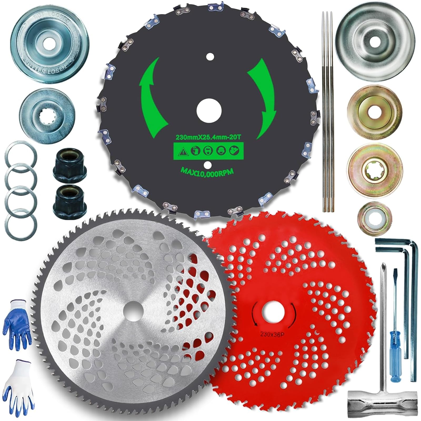 Brush Cutter Strimmer Blades with Adapter Kit, 9" x 36 Teeth Carbide Tipped Blades & 9" x20T Carbon Steel Round Tooth Blade & 10" x 80T