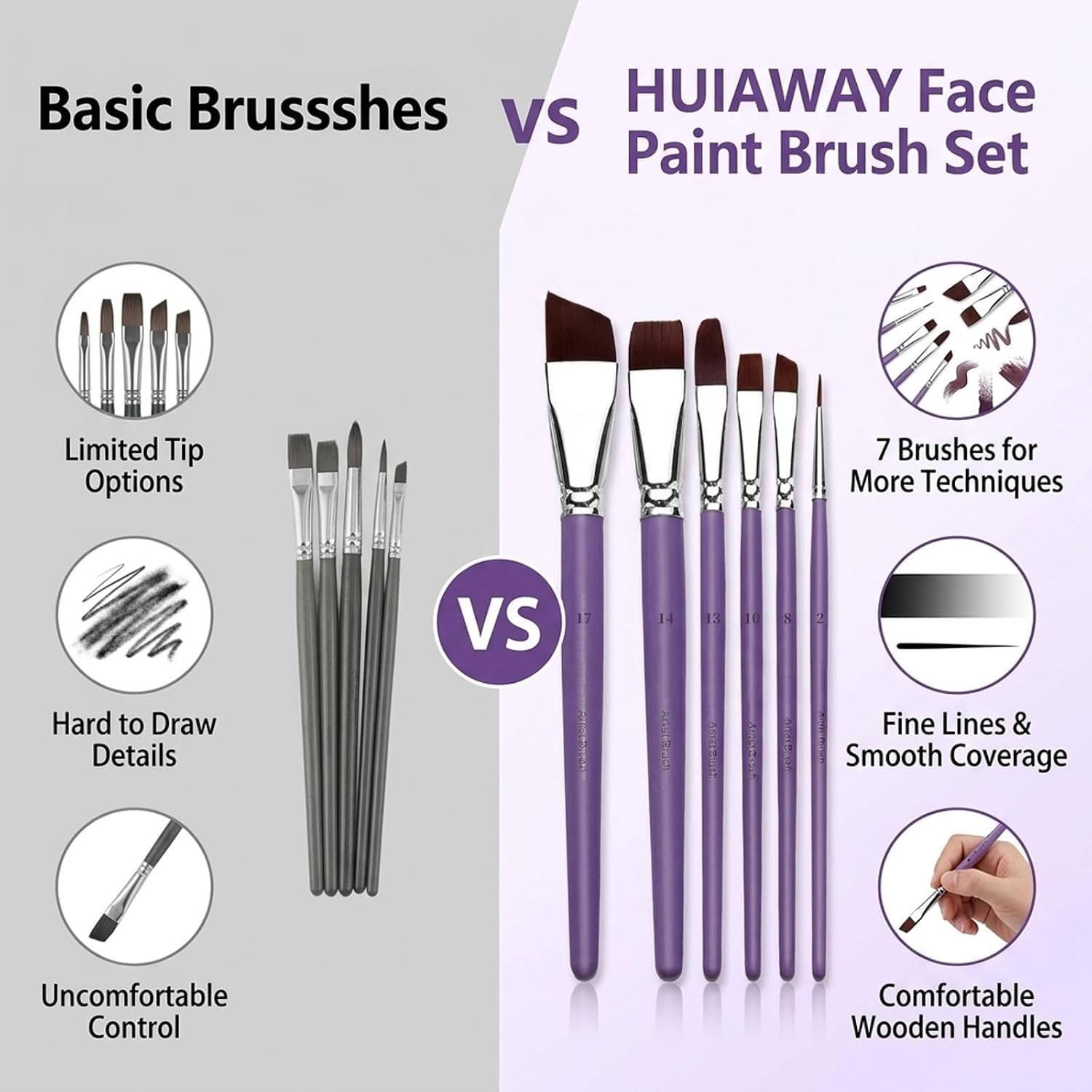 Face Paint Brush Set, 7Pcs, Body Painting, Purple