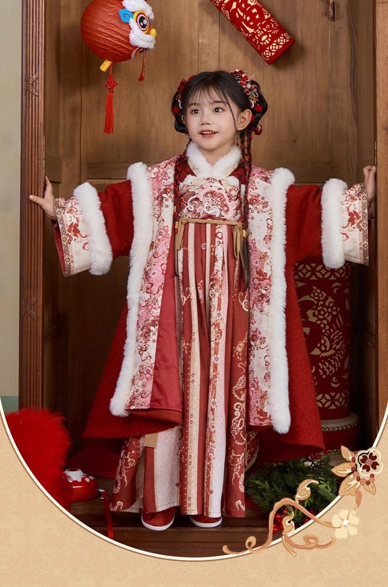 NIBHZ Dziewczęcy zimowy haftowany zestaw sukienek Hanfu z peleryną, garnitur Tang w stylu chińskim, odzież noworoczna,120cm