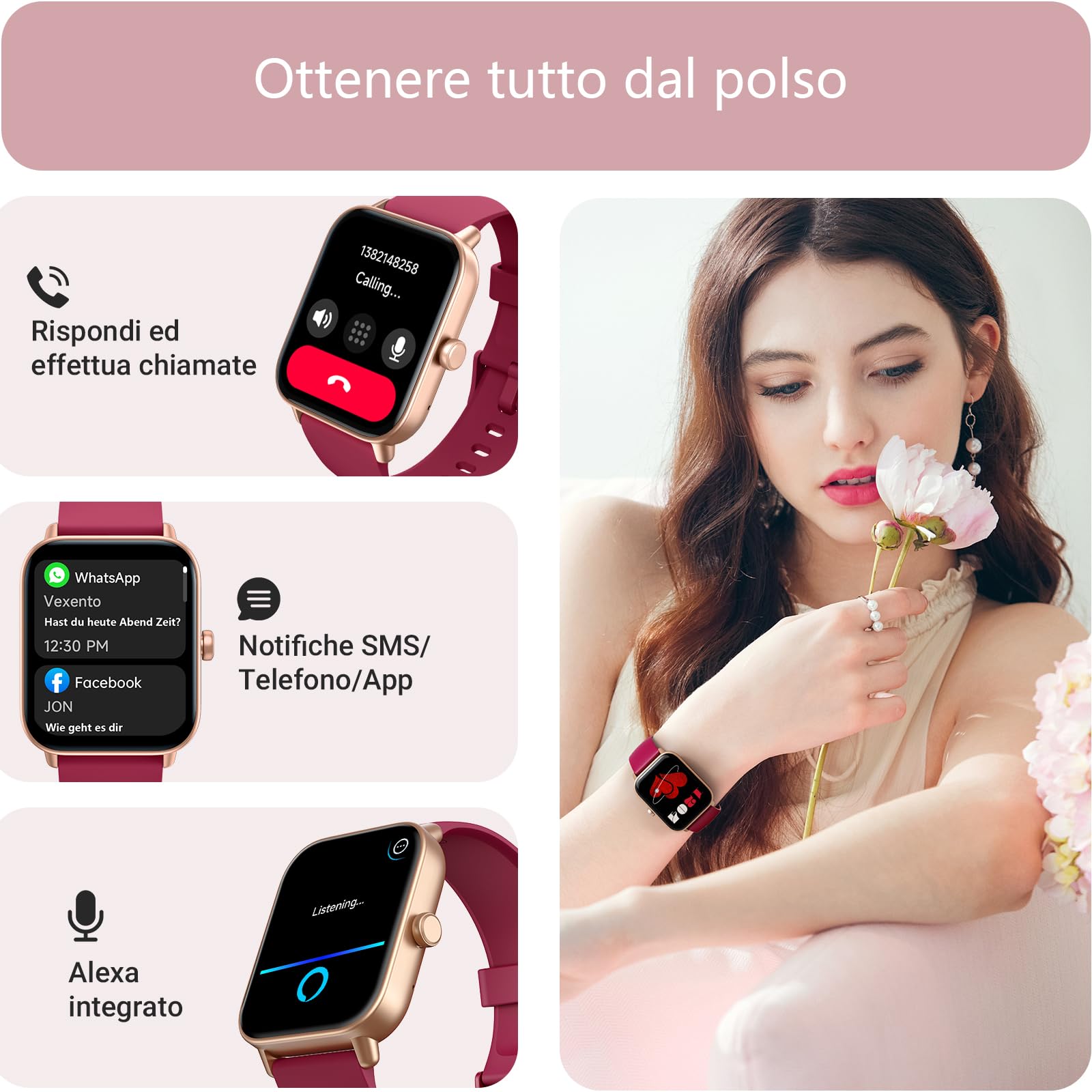 Gydom Smartwatch Donna, 1.8" Orologio Smartwatch Chiamate, Fitness Tracker con Contapassi Cardiofrequenzimetro SpO2, 110 Modalità Sport, Monitoraggio Sonno, Impermeabile IP68 per iOS Android Rosso