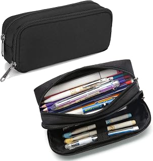 DellaGao Large Capacity Pencil Case - Water-Resistant Nylon Pouch with Compartments, Aesthetic Black Stationery Organizer for Office & School