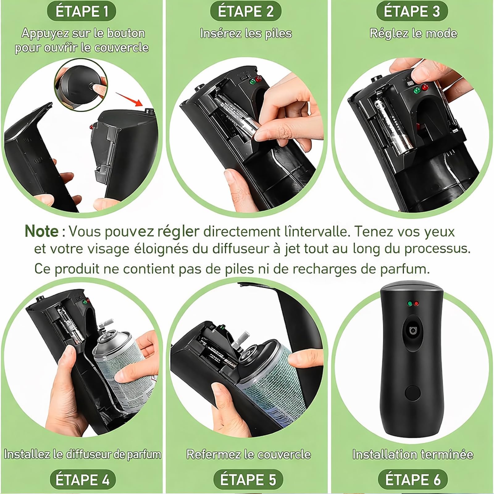 Lot de 6 Diffuseurs Automatiques de Parfum – Distributeurs d’Aérosol pour Recharges 300 ML – Programmables (5/15/30 Min) – Montage Mural ou Pose Libre pour Salle de Bain, Bureau et Hôtel – Noir