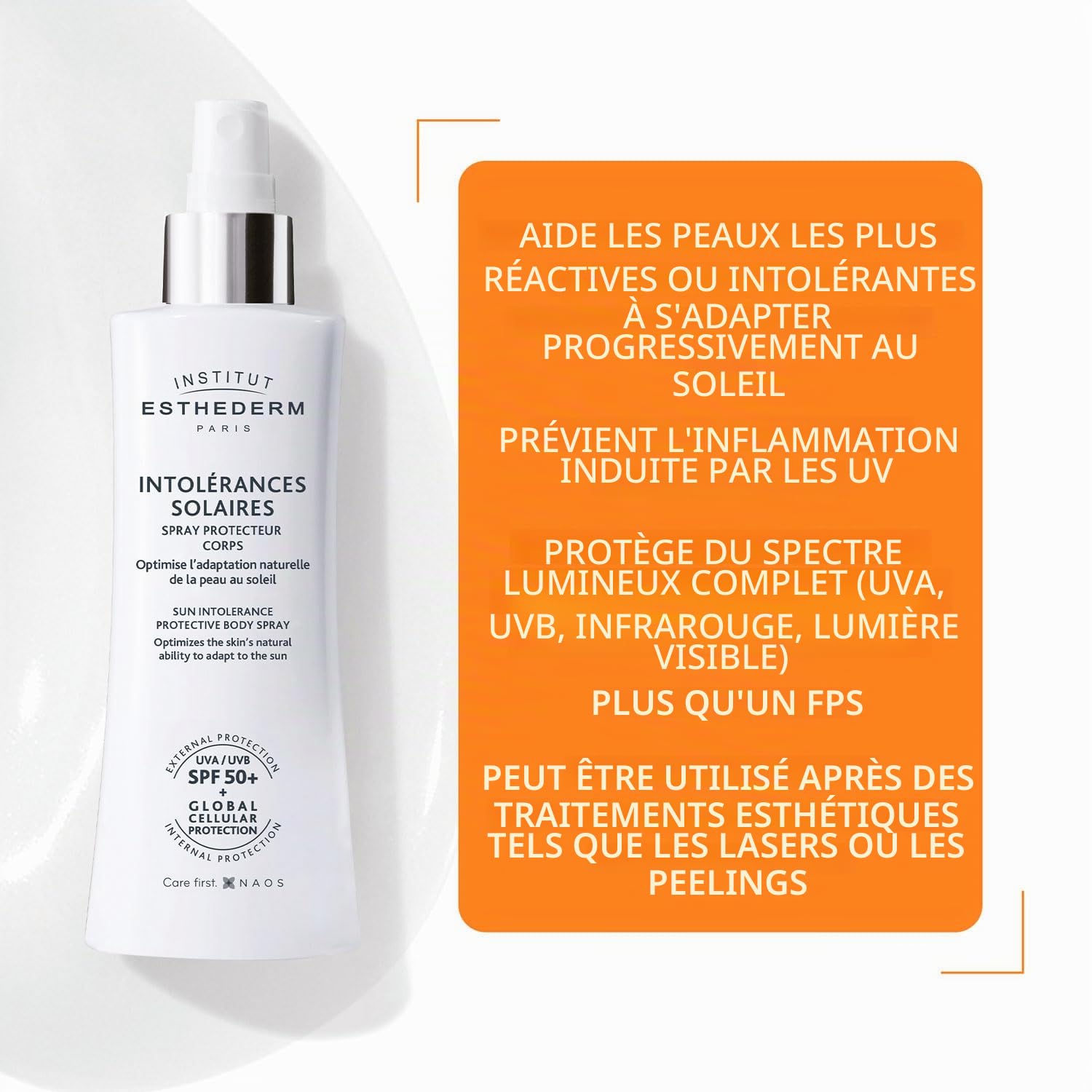 INSTITUT ESTHEDERM Intolérances solaires - Spray protecteur corps haute protection - Pour les peaux réactives, intolérantes ou allergiques au soleil - Préserve du photovieillissement - Tube 150 ml