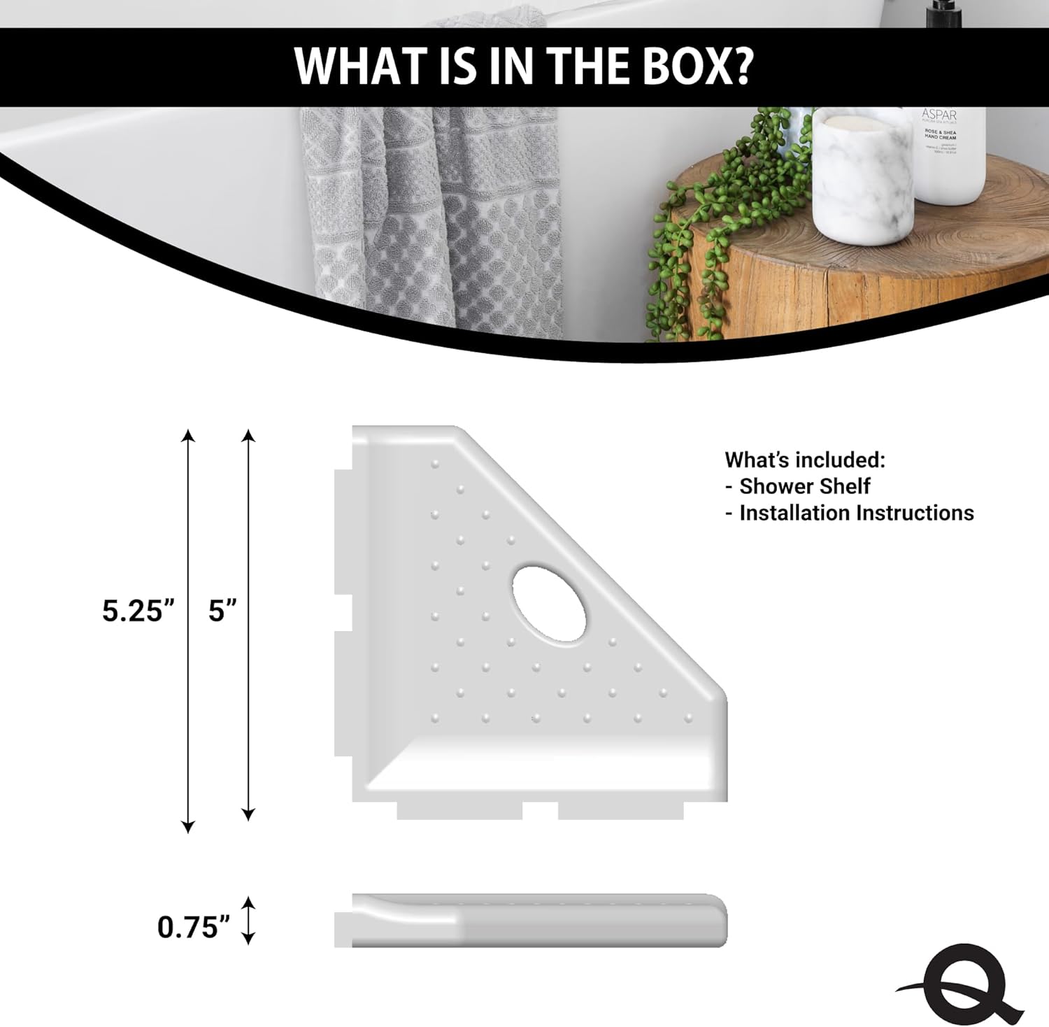 Questech 5" Corner Shower Footrest, Lugged for New Construction, Shaving Shelf for Inside Shower, Bathroom Storage Corner Caddy, Geo Lugged, Cool Gray Polished