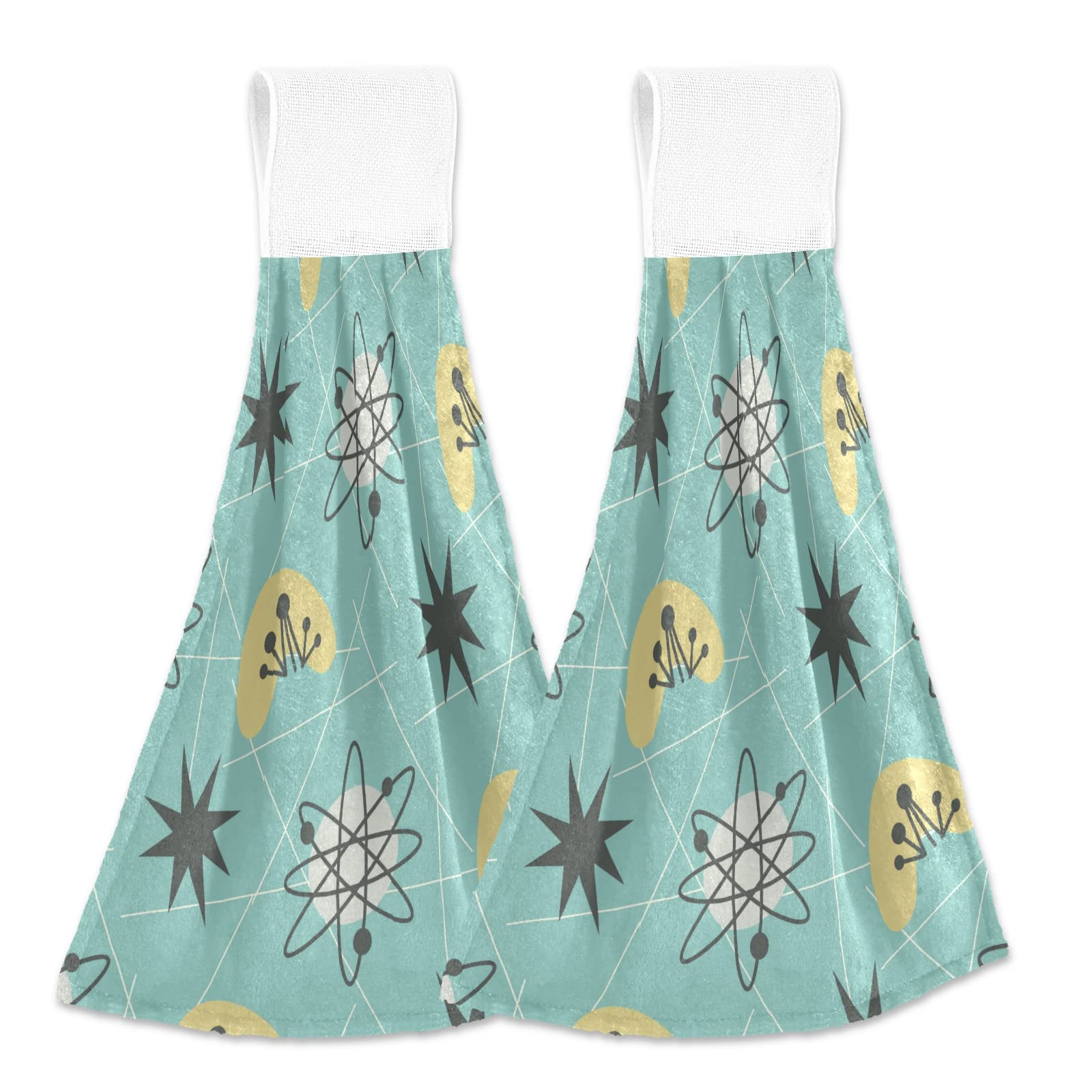 Boccsty Mid-Century Modern Pattern Hanging Kitchen Towels 2 Pieces 1950s Retro Style Atomic Hand Bath Yowels Dish Towels Tie Towel Tea Towels for Bathroom Farmhous Housewarming Home