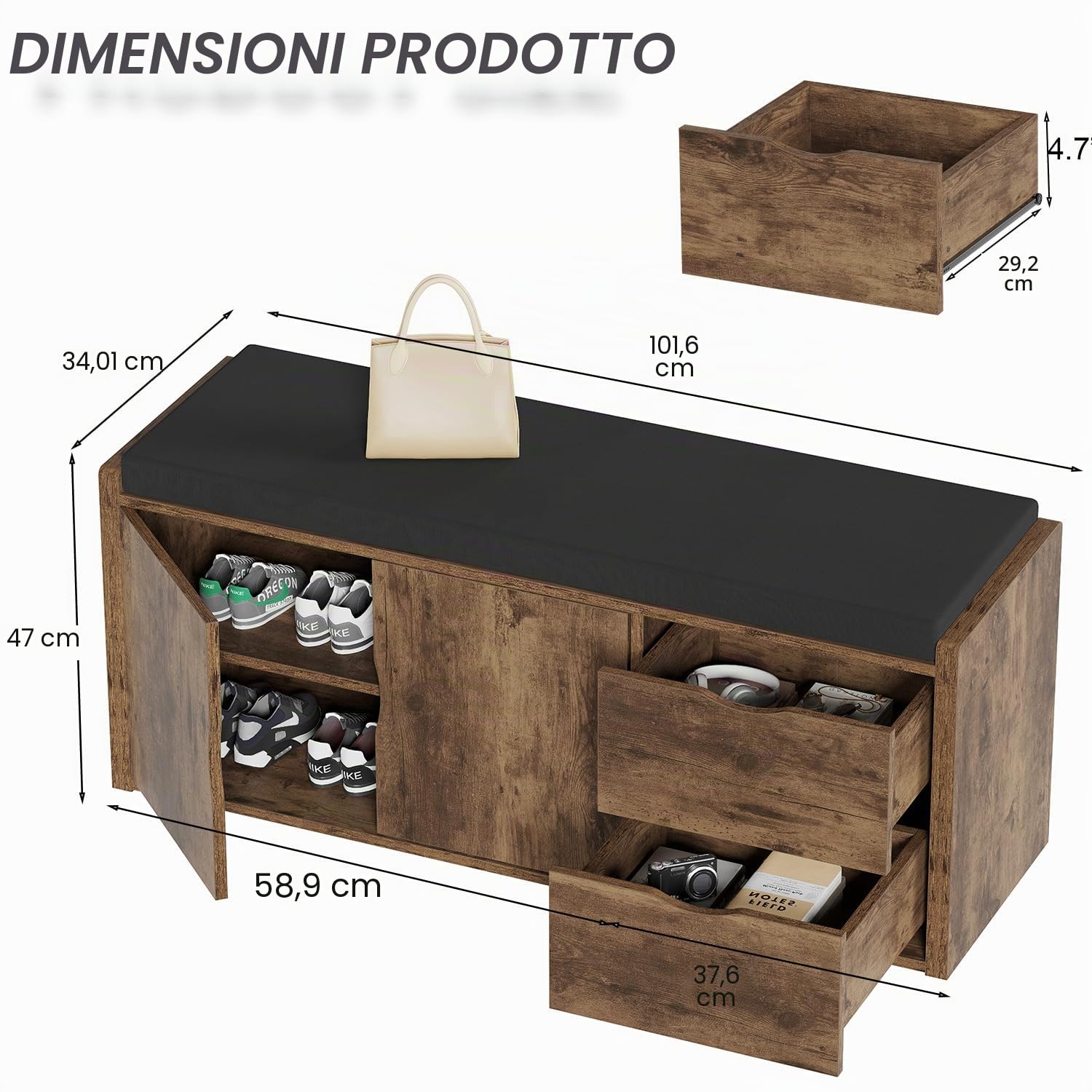 LVB Scarpiera Panca Ingresso Panca con Contenitore Panchina con Seduta Imbottita Multifunzionale Scarpiere con Cassetto per Soggiorno Camera da Letto Carico Massimo 150kg Marrone Vintage Nero 101cm