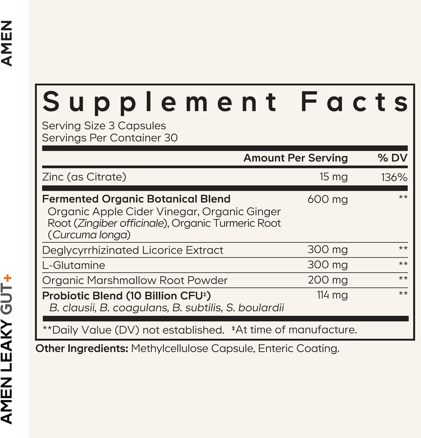 Amen Leaky Gut Supplement - Advanced Formula with Bioavailable L Glutamine, Zinc, Turmeric, DGL Licorice Root - Marshmallow Root - Probiotics & Fermented Prebiotics - Vegan, Non-GMO - 90 Capsules - Image 2