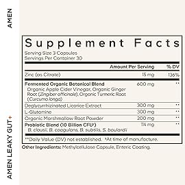 Amen Leaky Gut Supplement - Advanced Formula with Bioavailable L Glutamine, Zinc, Turmeric, DGL Licorice Root - Marshmallow Root - Probiotics & Fermented Prebiotics - Vegan, Non-GMO - 2-Pack