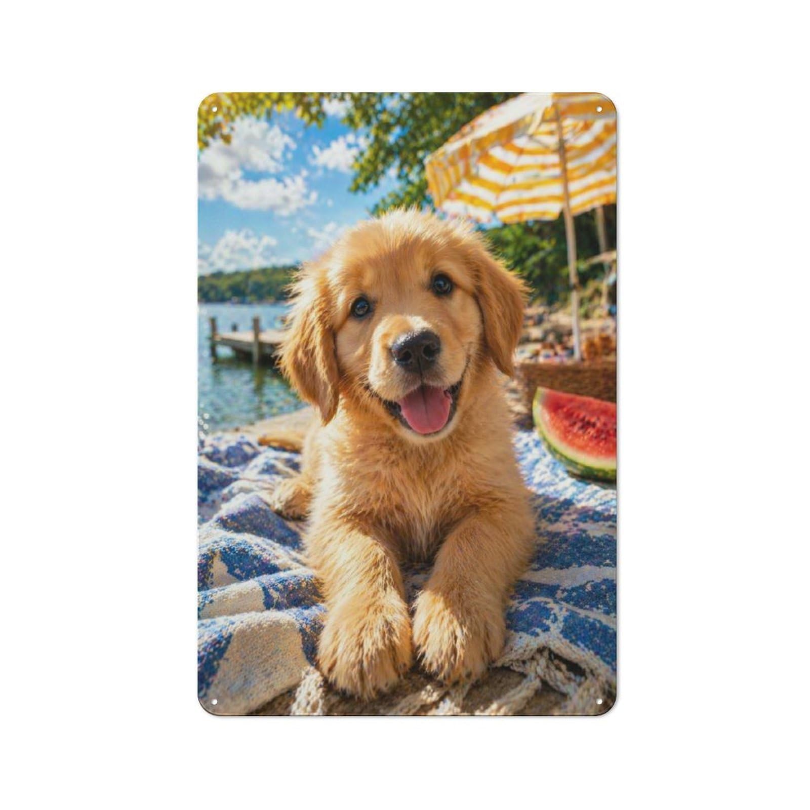 Retro Metal Wall Sign 30x20cm with Golden Retriever Puppy at The Beach for Hallway Wall, Suited to Hallway Decor Lovers
