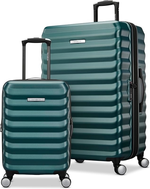 Hard-Sided 20 & 28 Inch 2-Piece Lightweight Checked Large Expandable Element Suitcase Set: Durable, 360° Spinner Wheels, Adjustable Telescopic Handle, TSA-Approved Lock - Bistro Green