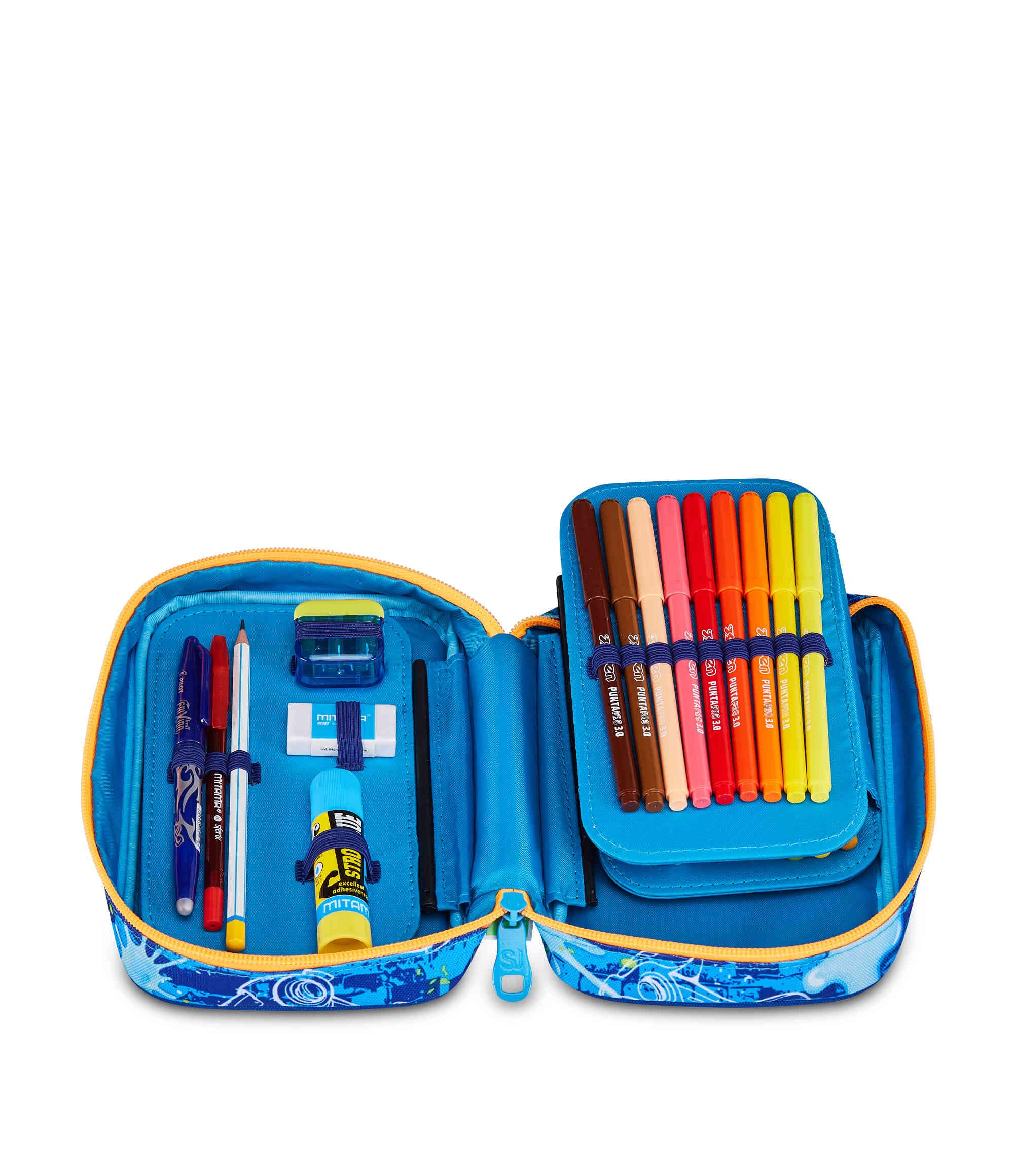 SJ GANG STYLE JAM GANG Astuccio Scuola Speed Case JOYFUL PINS BOY, Blu, Portapenne Monoscomparto con Planche Amovibili, Attrezzato, 44 pezzi, Accessori Zaino, Scuola elementare, Bambino