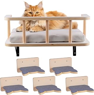 Large Cat Wall Shelves with 5 Steps - Heavy Duty Cat Wall Furniture, Climber, Shelves & Perches with Comfy Cushion & Guardrails, Space-Saving for Indoor Cats(Dark)