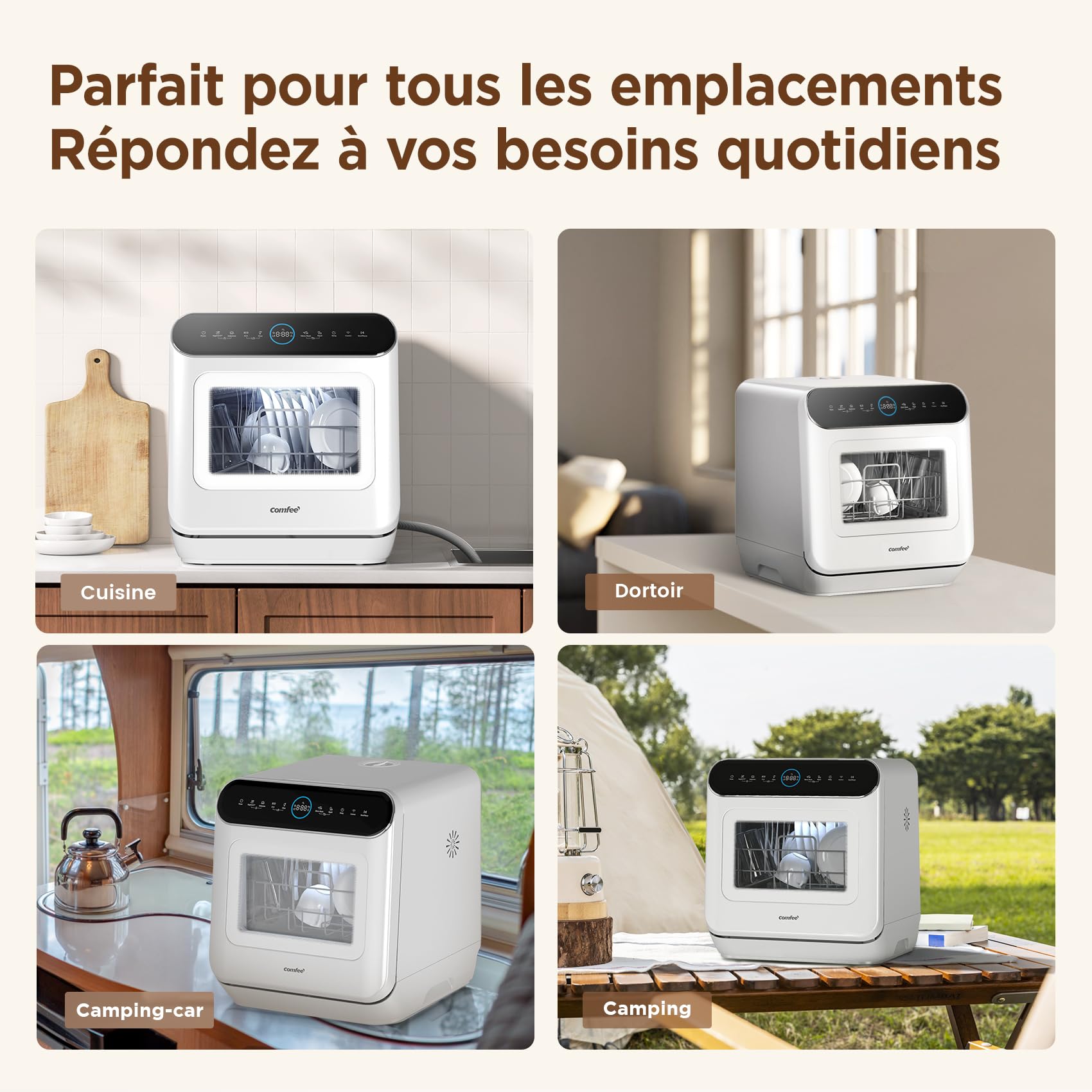 COMFEE' MFD42S110W-IT Mini Lave-vaisselle de Table Compact, 3 Couverts, 7 Programmes, Commande Tactile, Écran LED, 72°C Lavage Hygiénique, 24h Démarrage Différé, Ouverture Automatique, blanc