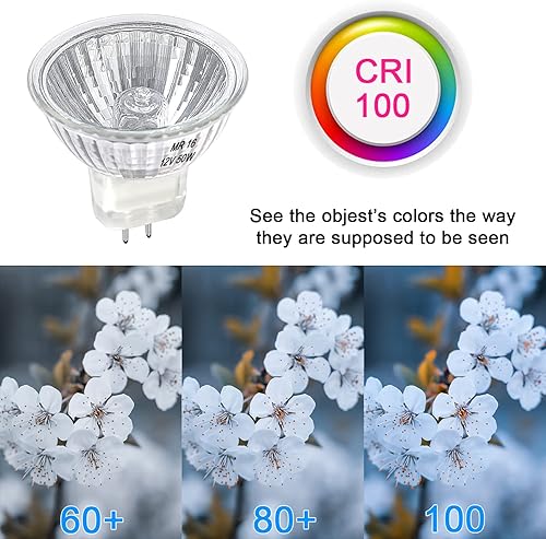 Miniatura 5 de Bombilla halógena MR16 de 50 W regulable de 12 V GU5.3 con base de dos pines con larga vida útil, bombillas MR16 blancas cálidas de 2700 K con