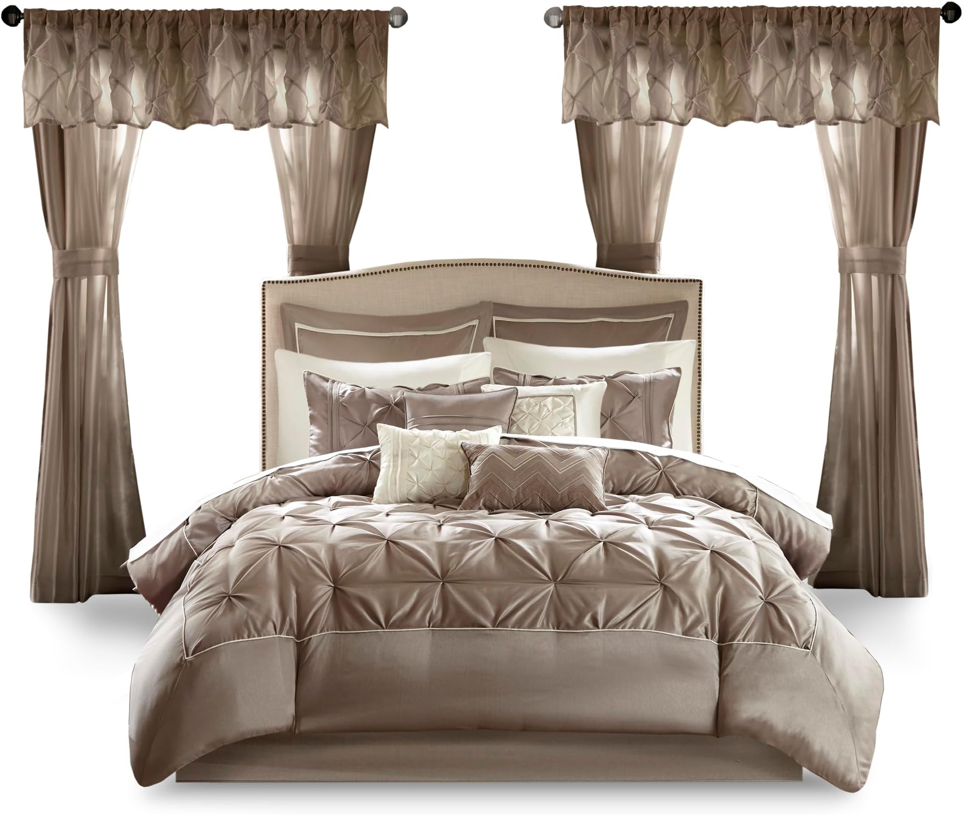 Essentials Room in a Bag Faux Silk Comforter Set - Luxe Diamond Tufting All Season Bedding, Matching Curtains, Decorative Pillows, Taupe Queen(90"x90") 24 Piece