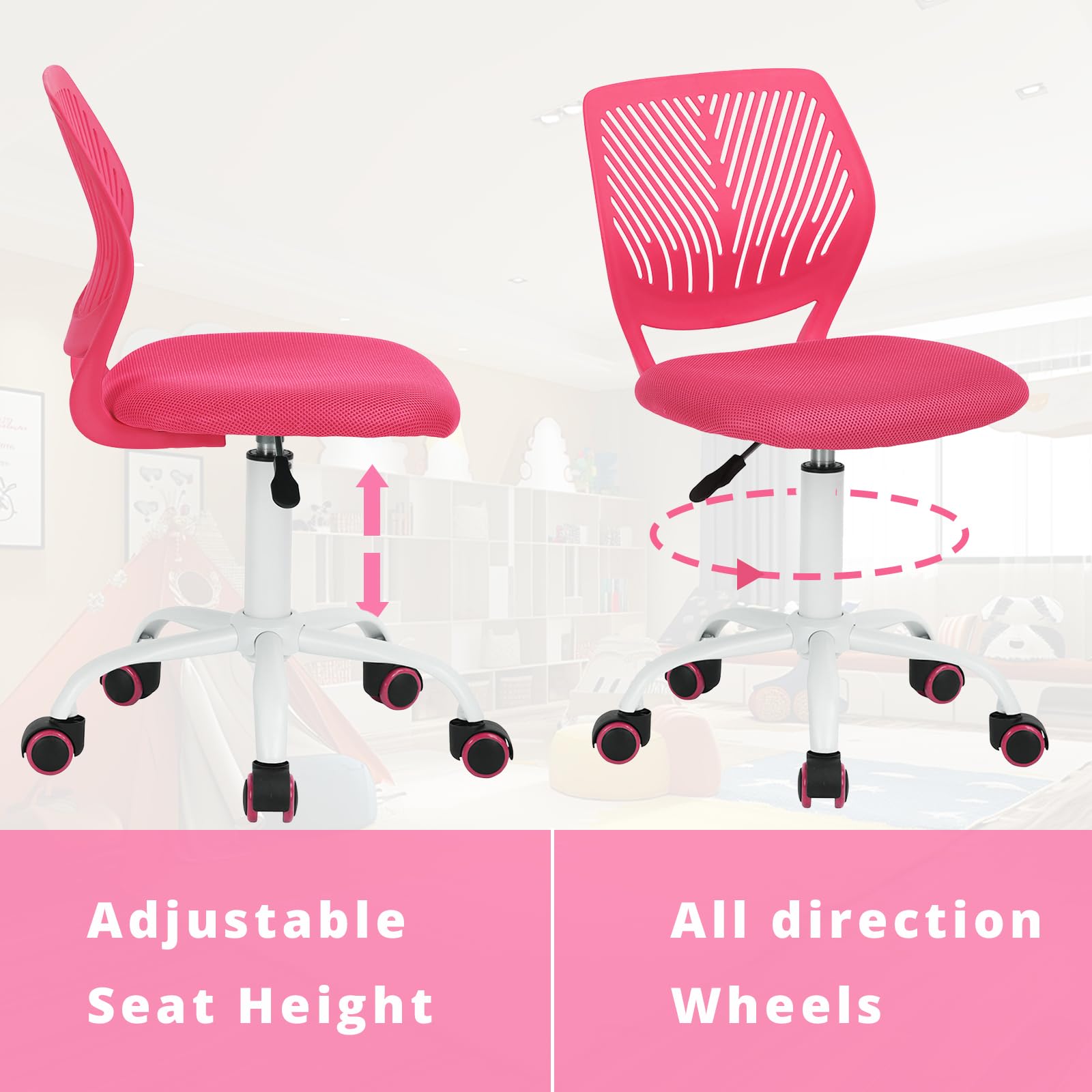 FurnitureR Silla de Oficina Adecuada para niños para Aprender en casa, Silla de Ruedas ergonómica Ajustable en Altura para jóvenes Estudiantes, diseño Rosa Vivo