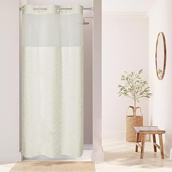 eachope No Hook Boho Farmhouse Shower Curtain with Snap-in Fabric Liner set-36Wx74H72H,Cream Tufted Chevron Striped Hotel Grade Cloth Shower Curtains for Bathroom with Window,Water Repellent