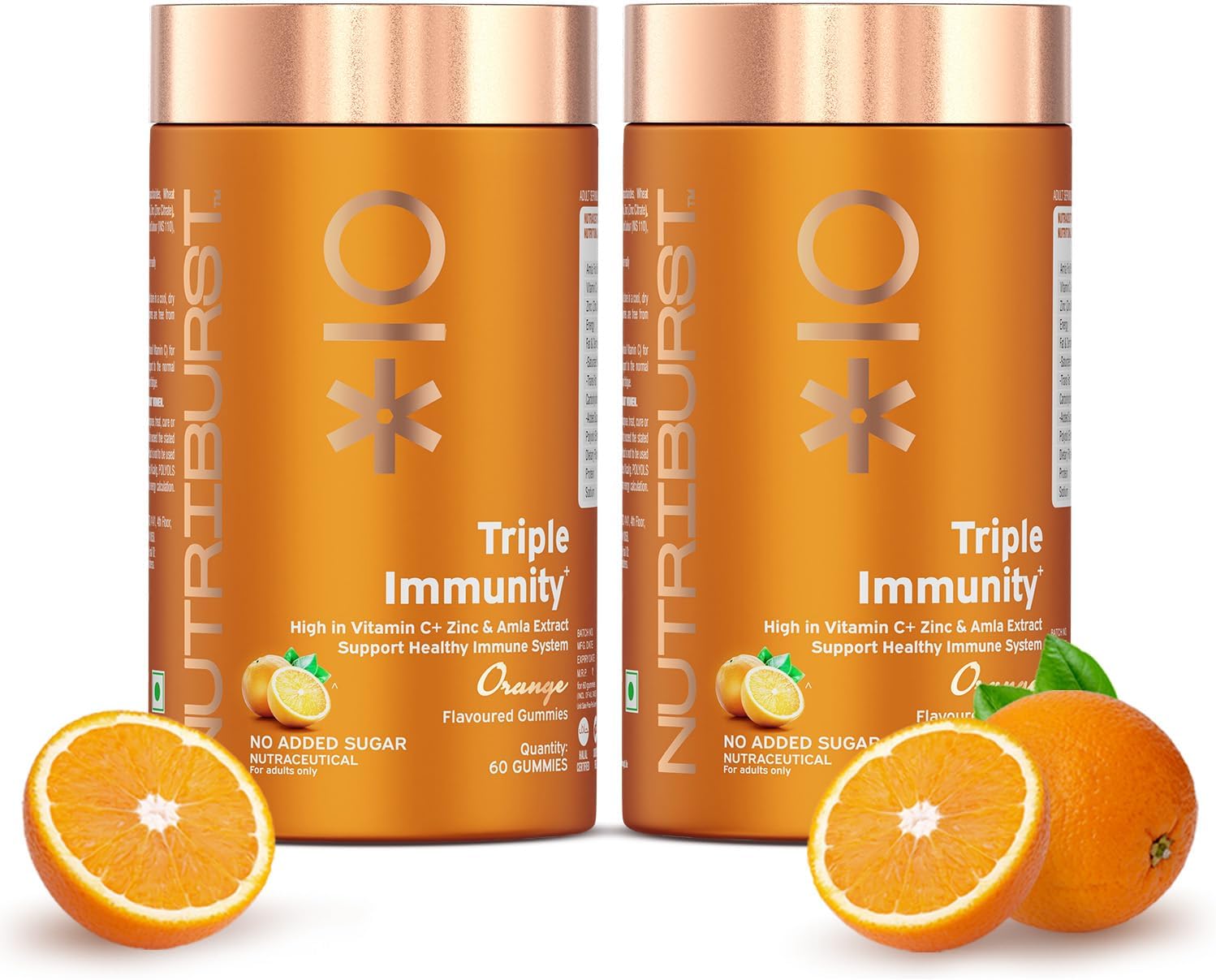 Nutriburst Triple Immunity Gummies with Vitamin C, Zinc and Amla extract | No-Added Sugar | Orange Flavor | 100% Vegetarian | (Pack of 2 X 60 Gummy)